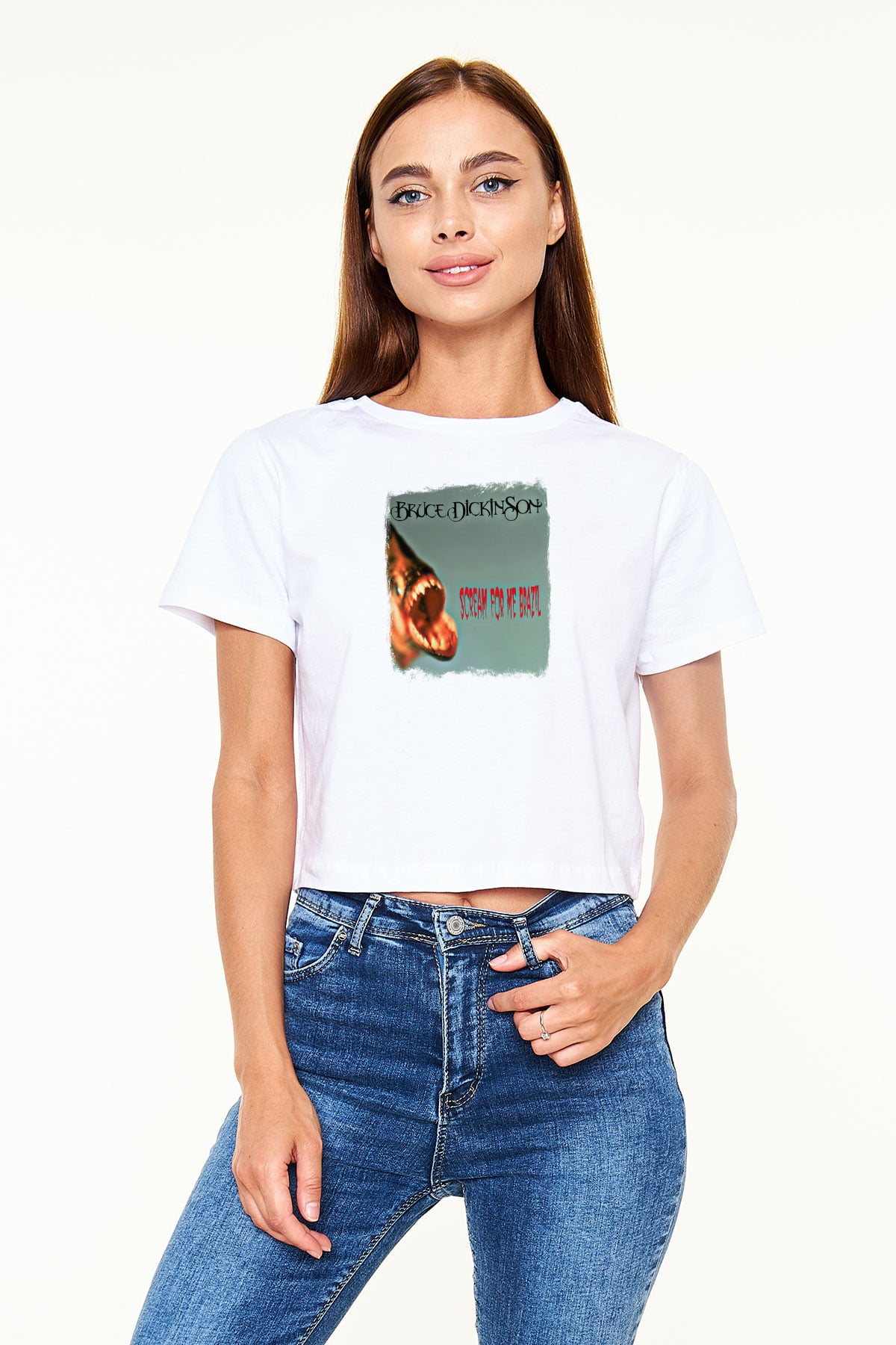 Bruce Dickinson Baskılı Unisex Beyaz Crop Top Tişört