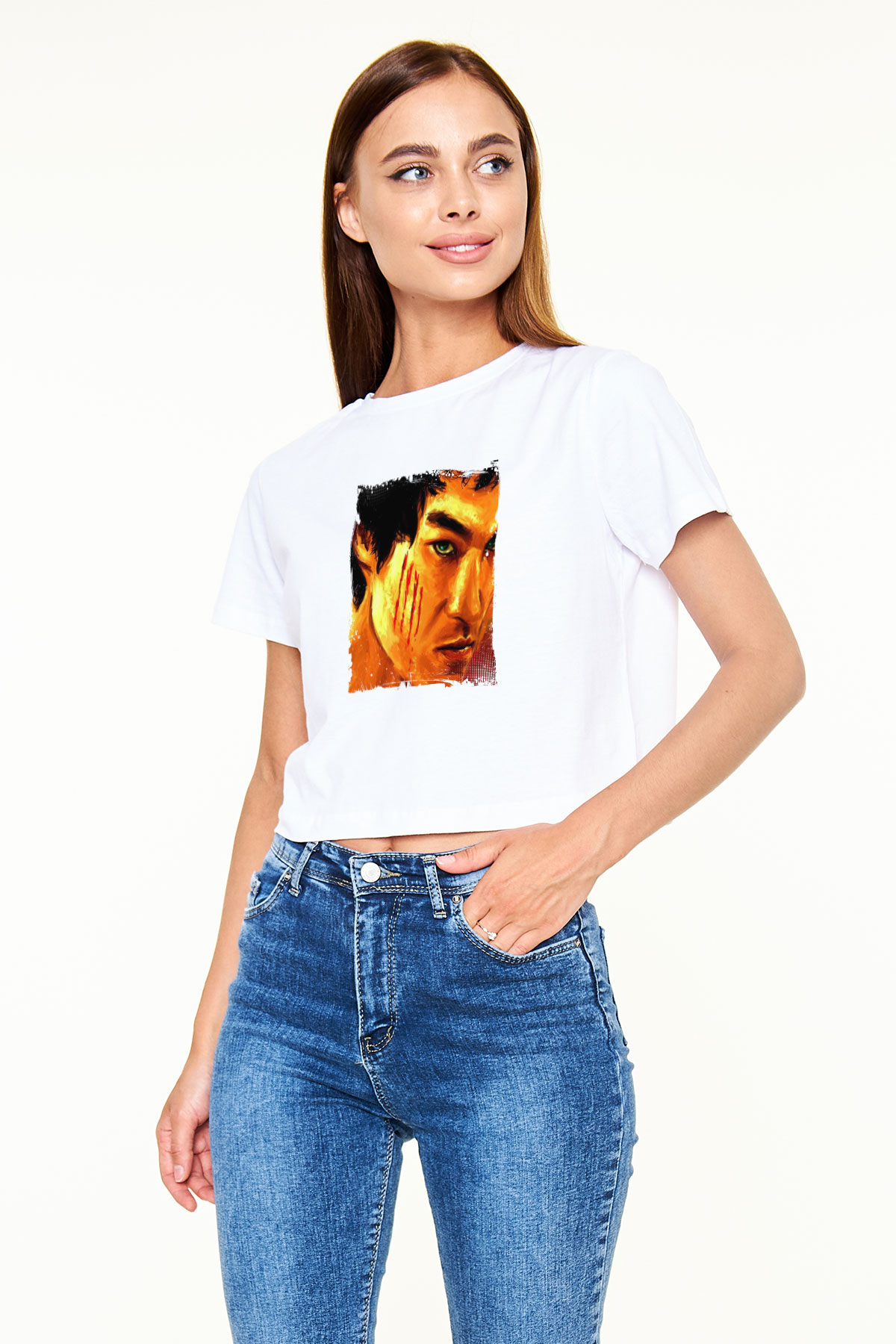 Bruce Lee Baskılı Beyaz Kadın Crop Top Tişört