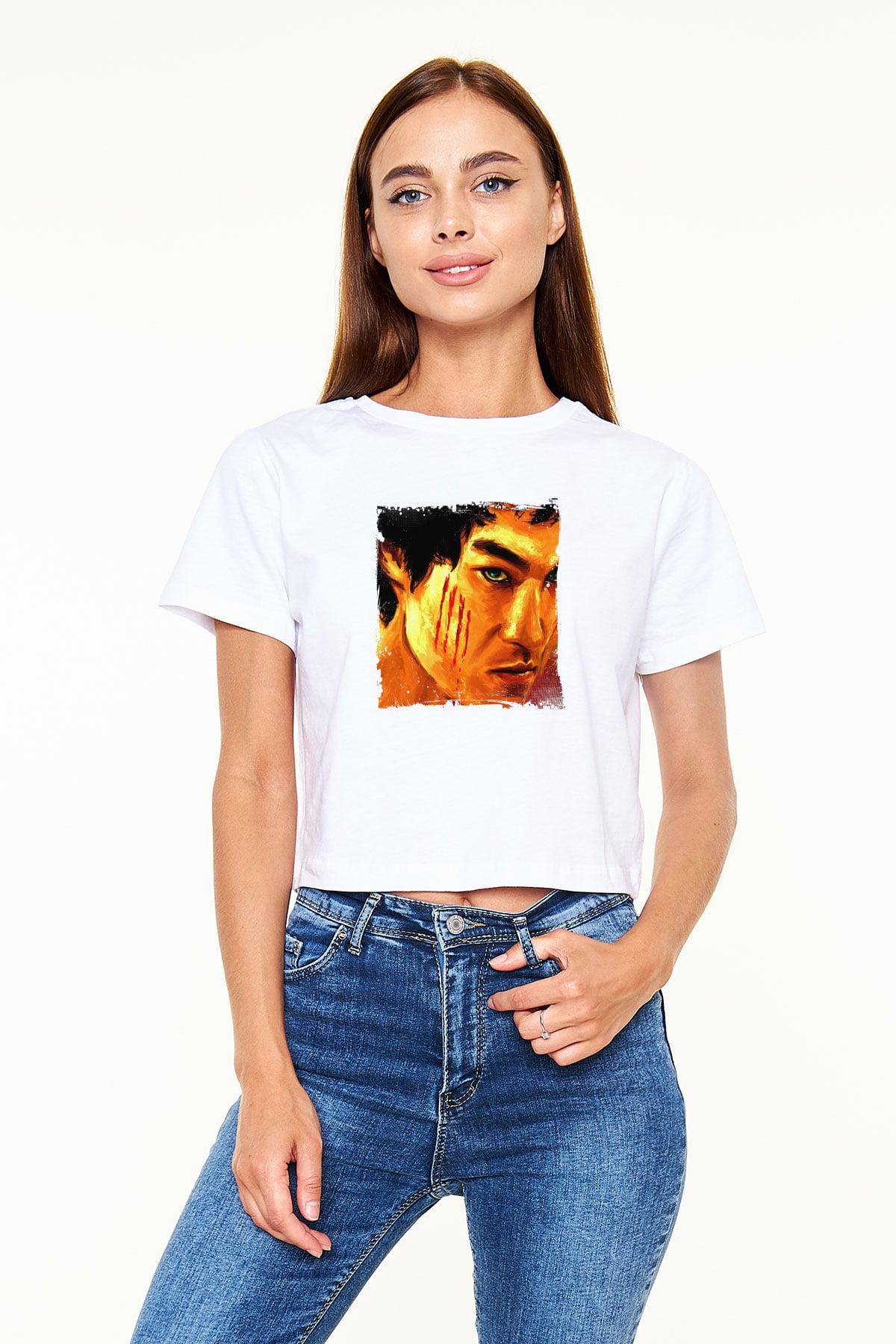 Bruce Lee Baskılı Beyaz Kadın Crop Top Tişört