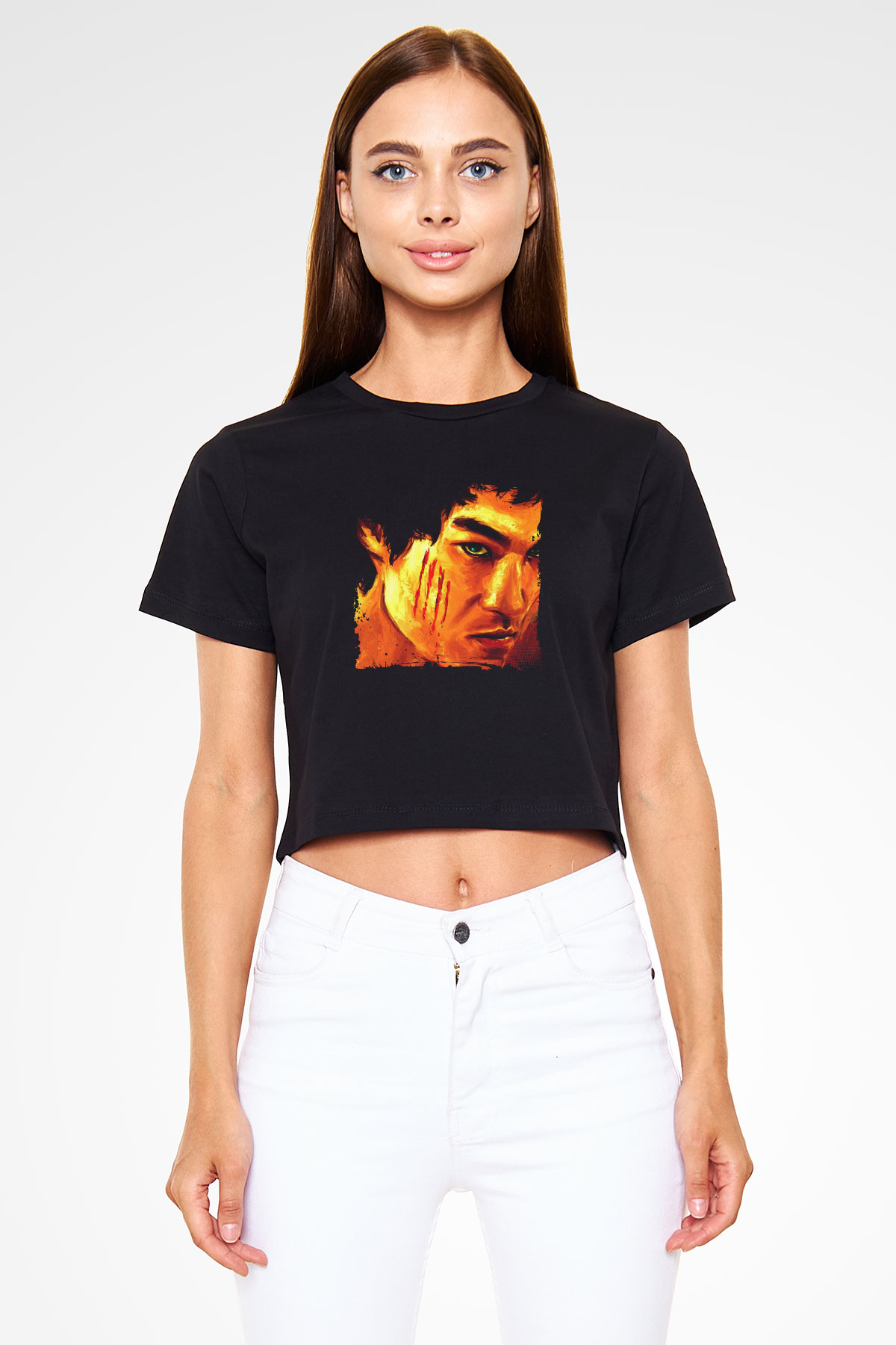 Bruce Lee Baskılı Siyah Kadın Crop Top Tişört