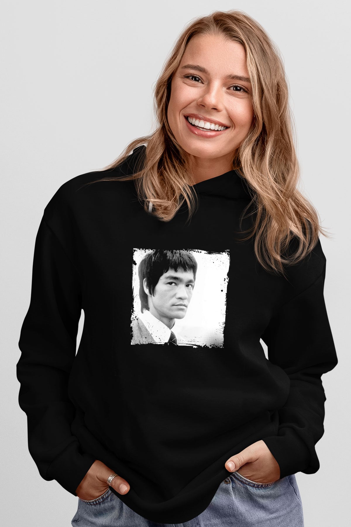 Bruce Lee Baskılı Unisex Siyah Hoodie