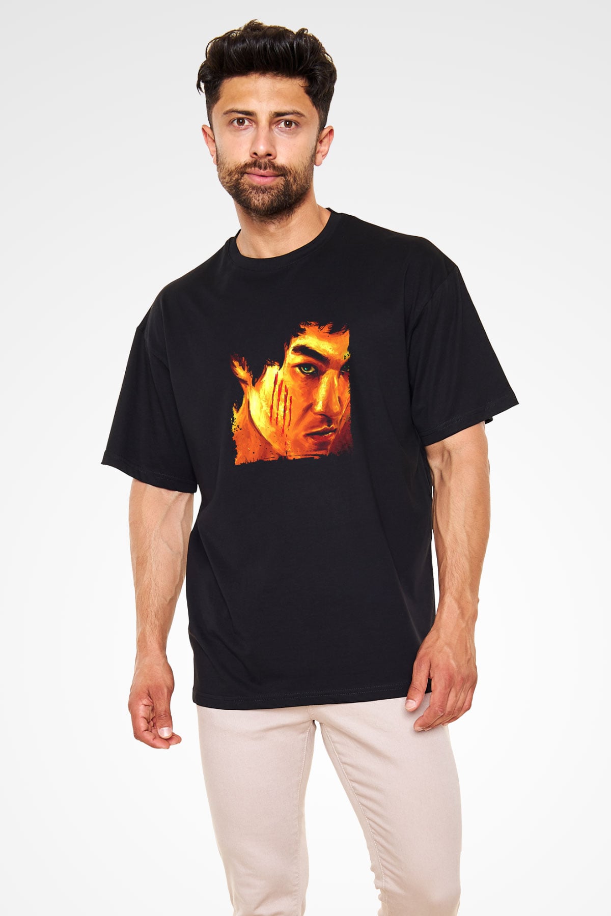 Bruce Lee Baskılı Unisex Siyah Oversize Tişört