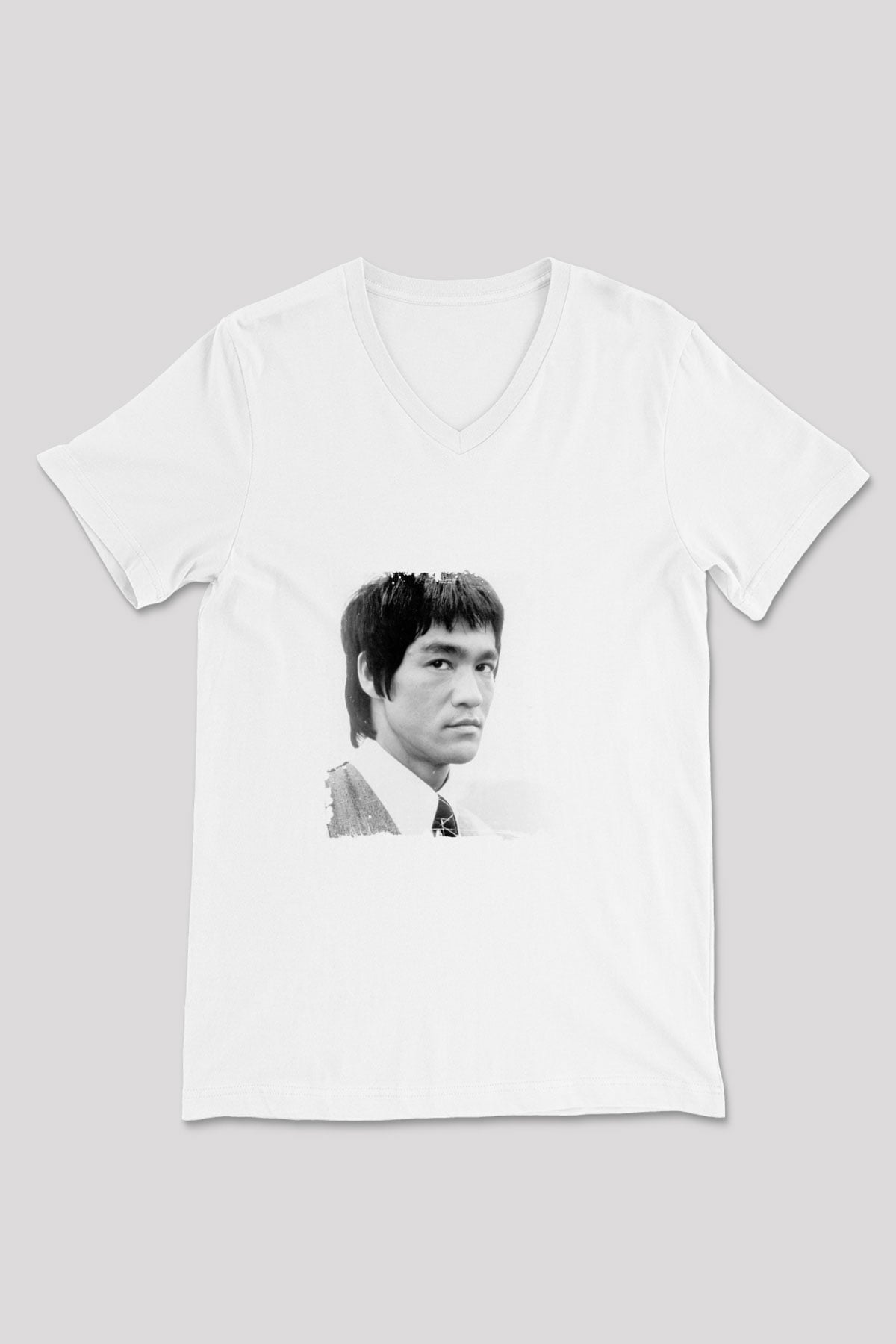 Bruce Lee Baskılı V Yaka Unisex Beyaz Tişört