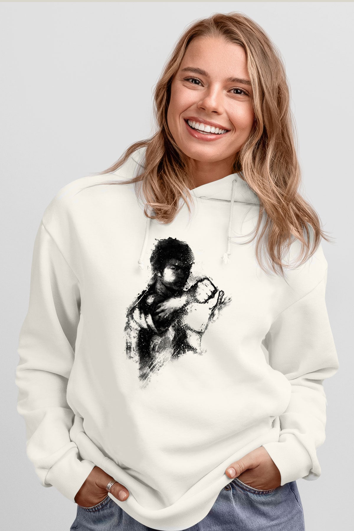 Bruce Lee Beyaz Unisex Kapşonlu Sweatshirt