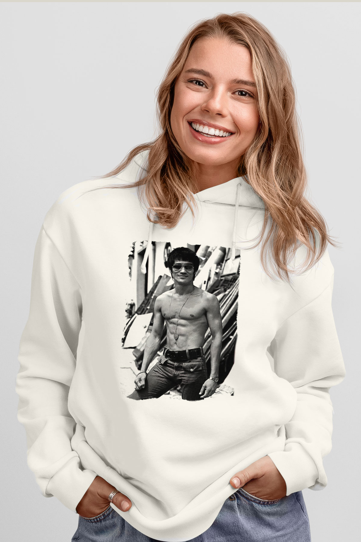 Bruce Lee Beyaz Unisex Kapşonlu Sweatshirt