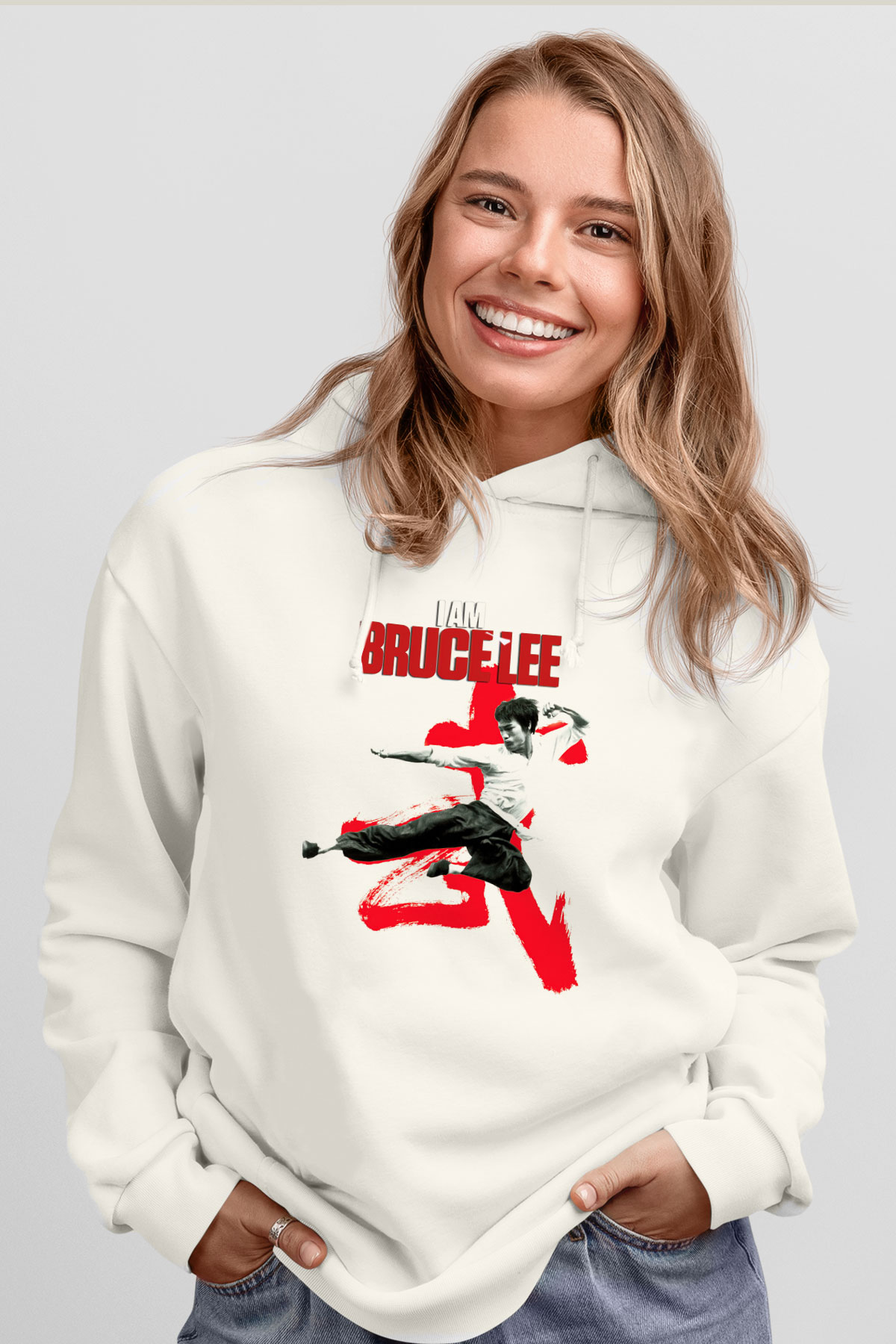 Bruce Lee Beyaz Unisex Kapşonlu Sweatshirt