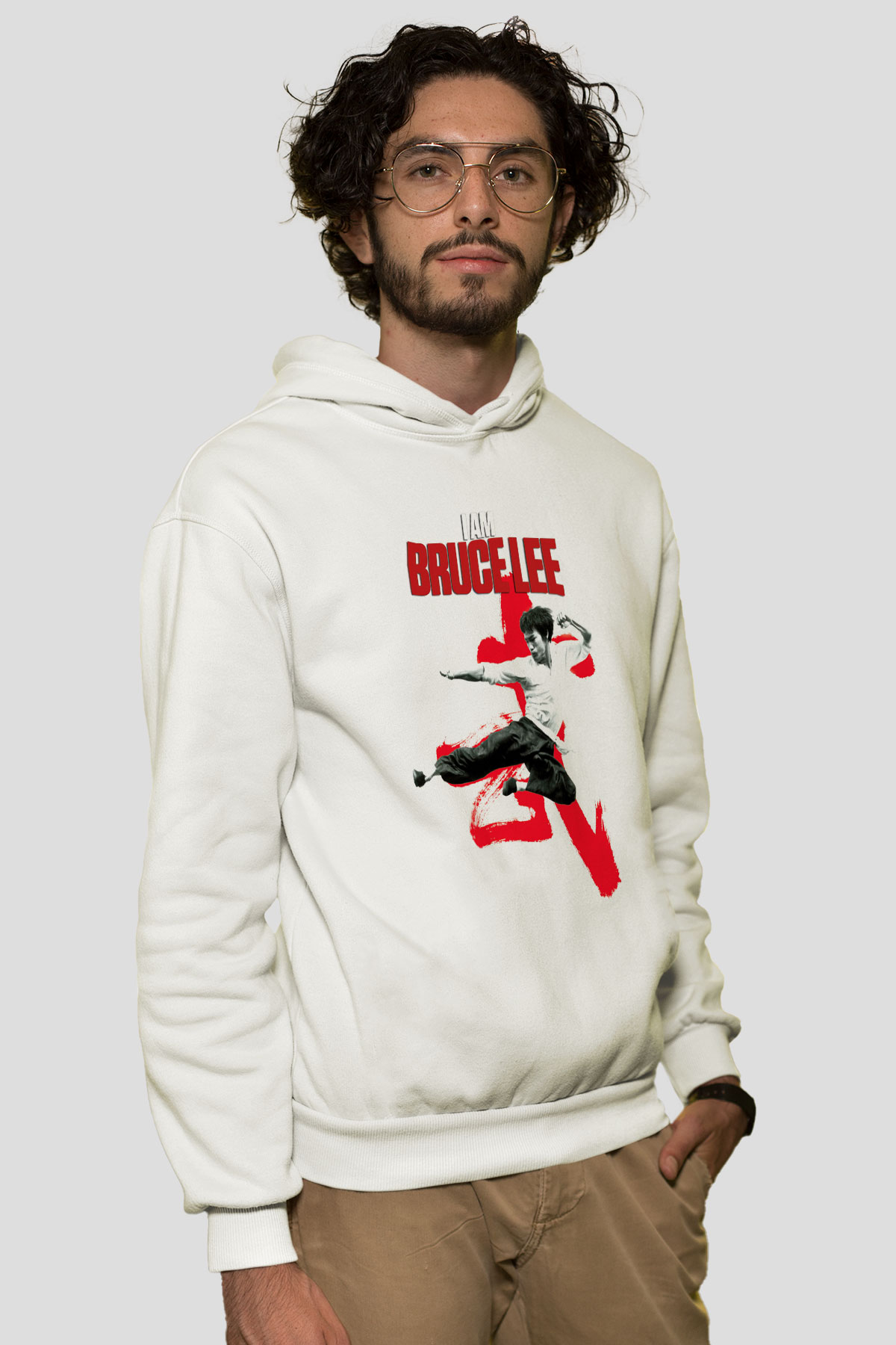 Bruce Lee Beyaz Unisex Kapşonlu Sweatshirt