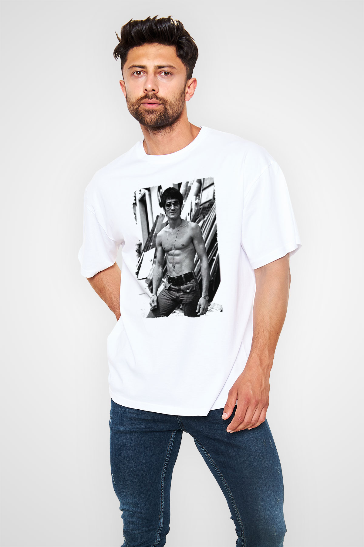 Bruce Lee Beyaz Unisex Oversize Tişört T-Shirt