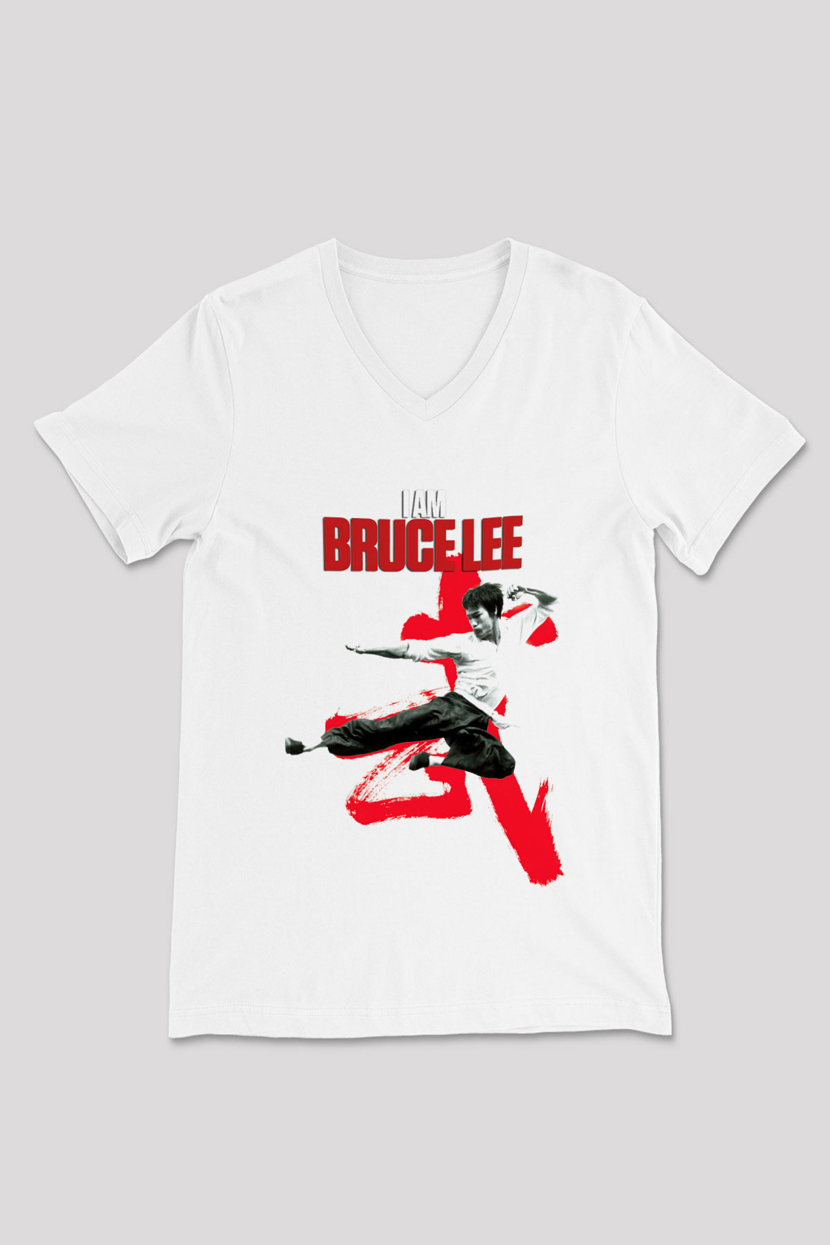 Bruce Lee Beyaz Unisex V Yaka Tişört T-Shirt