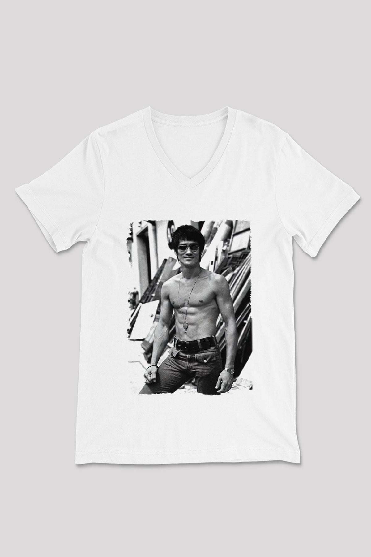 Bruce Lee Beyaz Unisex V Yaka Tişört T-Shirt
