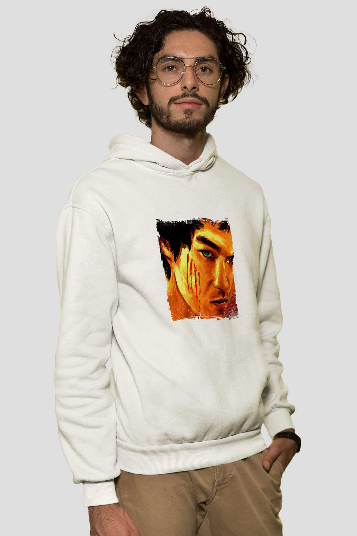 Bruce Lee Unisex Baskılı Beyaz Kapüşonlu Sweatshirt