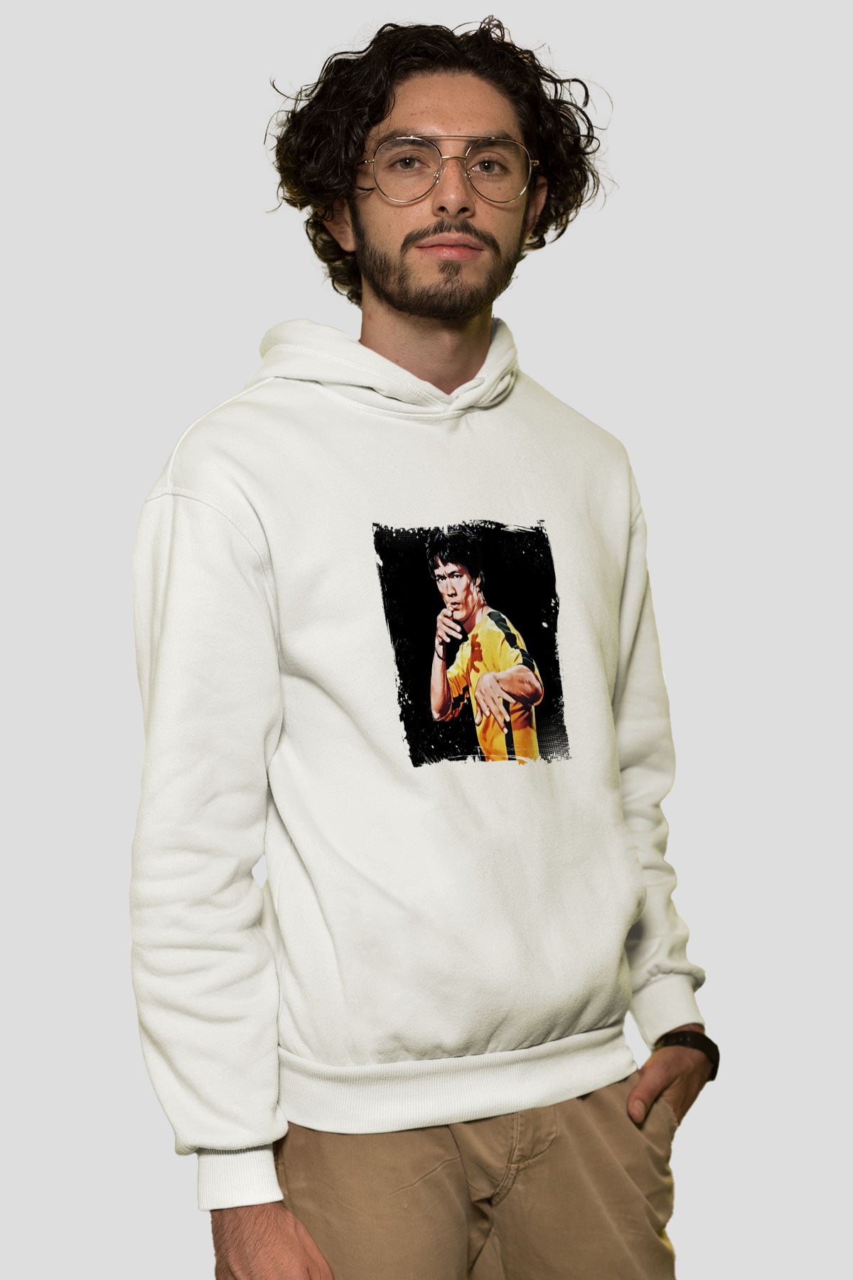 Bruce Lee Unisex Baskılı Beyaz Kapüşonlu Sweatshirt