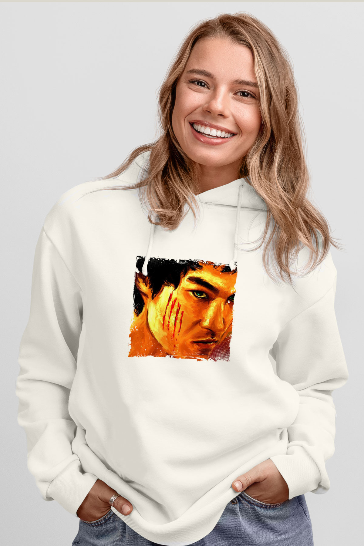 Bruce Lee Unisex Baskılı Beyaz Kapüşonlu Sweatshirt