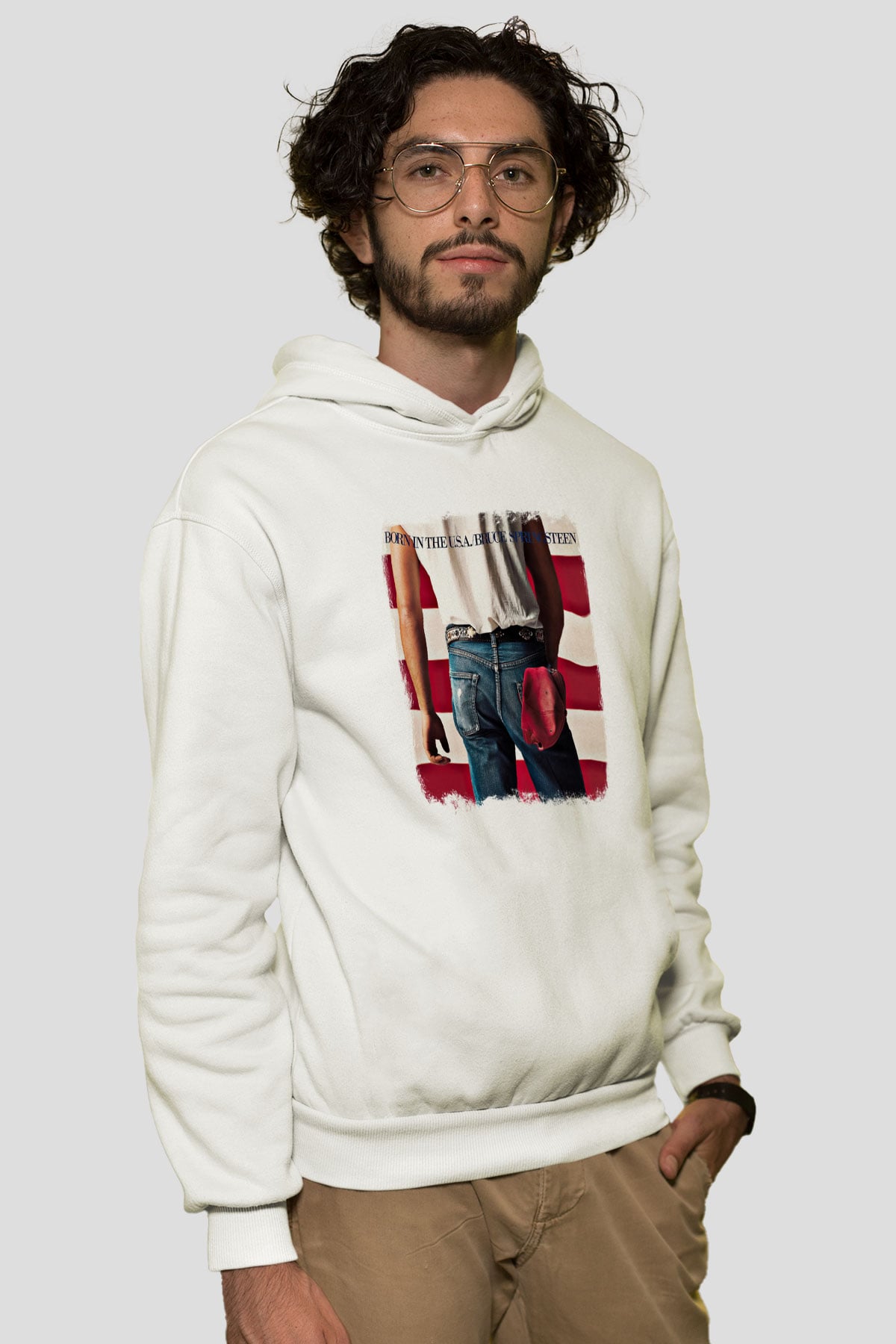 Bruce Springsteen Baskılı Unisex Beyaz Hoodie