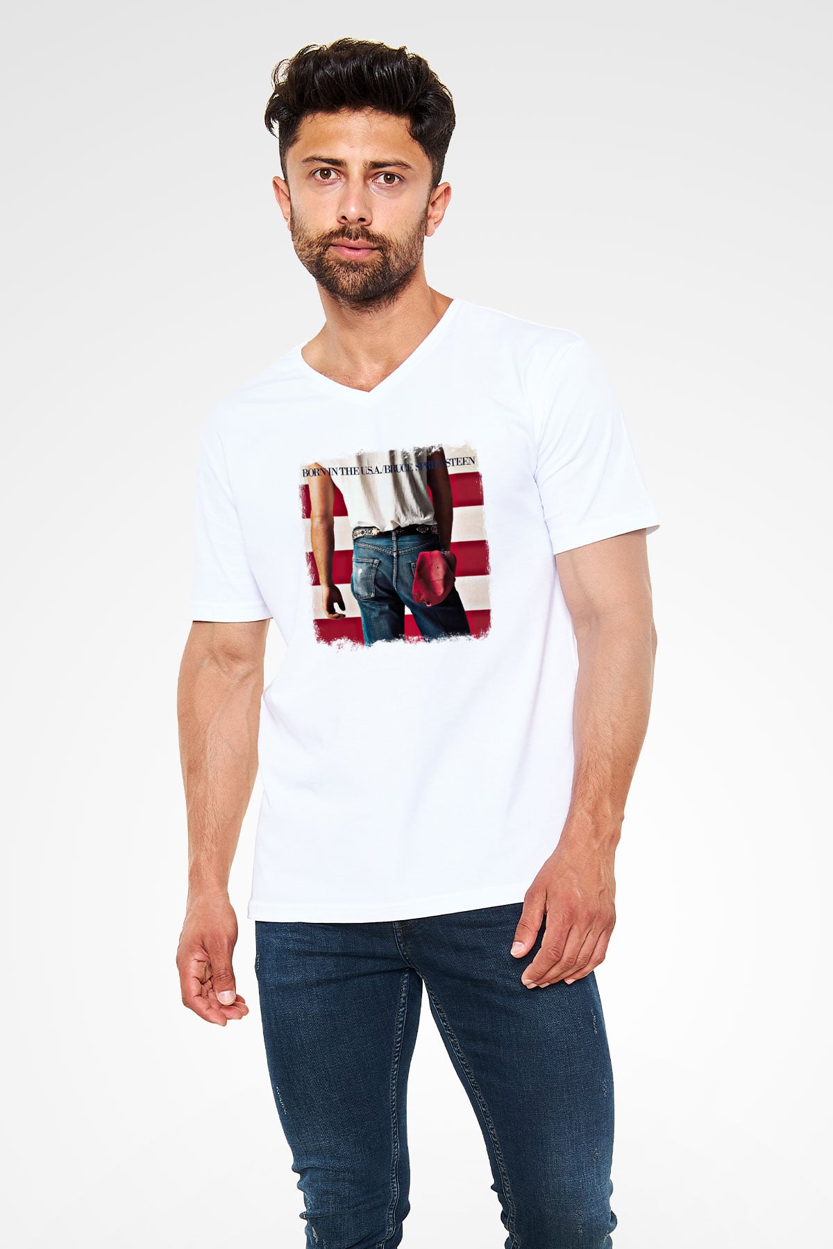 Bruce Springsteen Baskılı Unisex Beyaz V Yaka Tişört