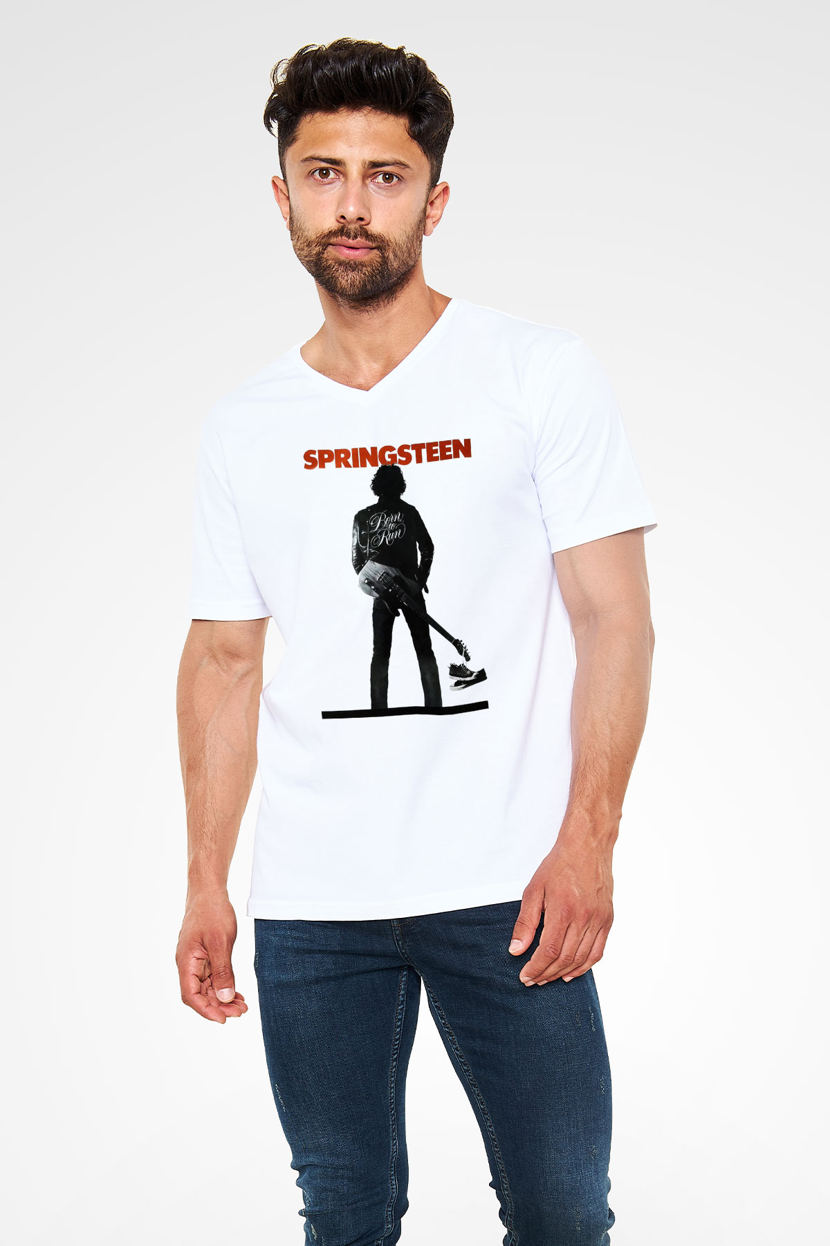 Bruce Springsteen Beyaz Unisex V Yaka Tişört
