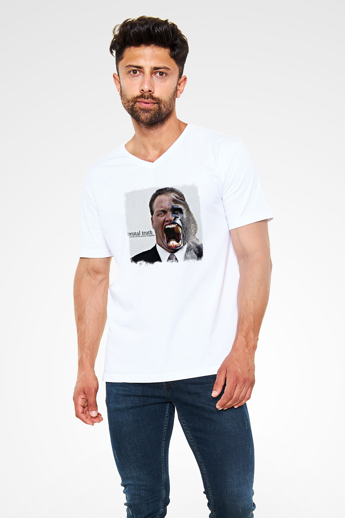 Brutal Truth Baskılı Unisex Beyaz V Yaka Tişört