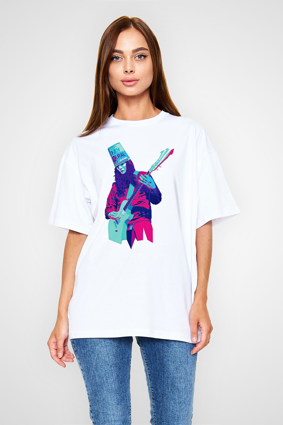 Buckethead Baskılı Beyaz Unisex Oversize Tişört - Tshirt