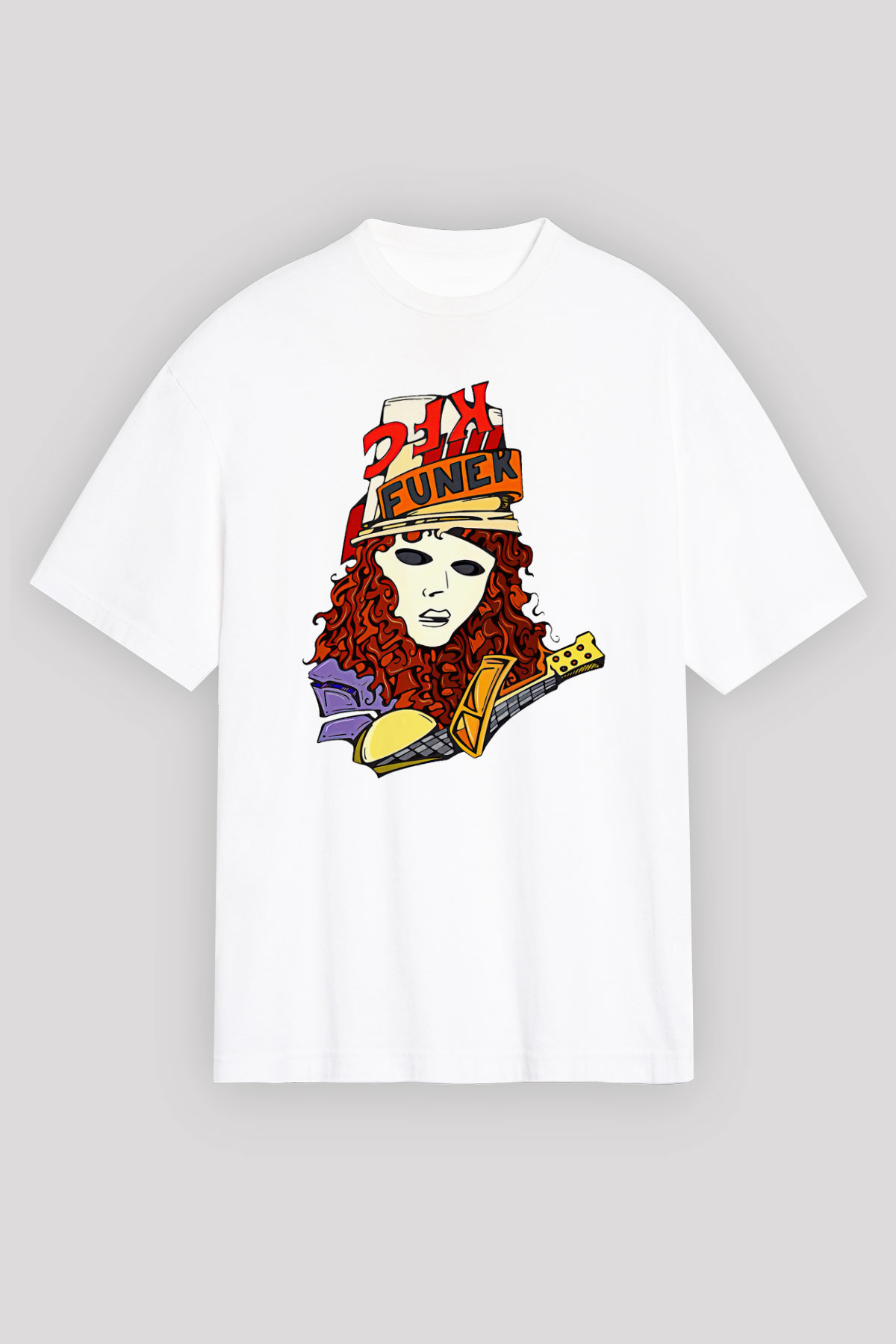 Buckethead Baskılı Beyaz Unisex Oversize Tişört - Tshirt