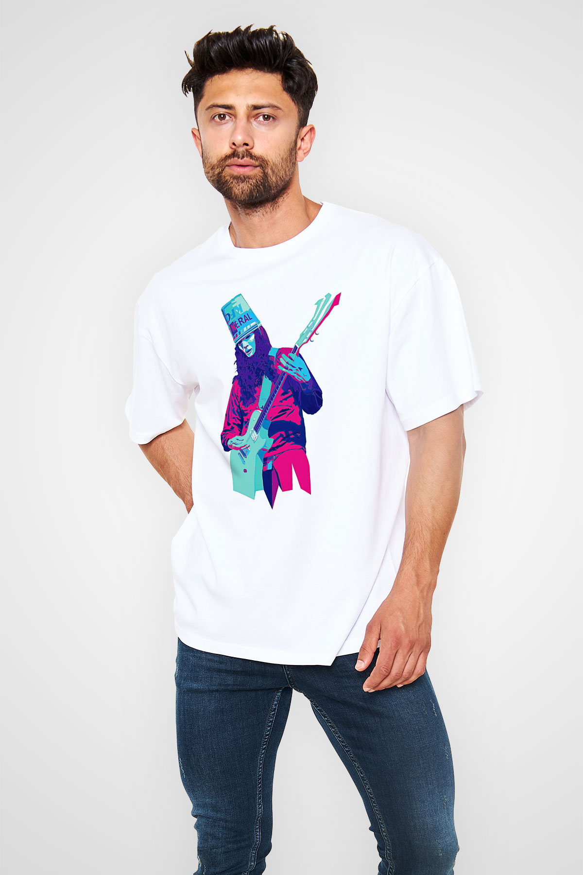 Buckethead Baskılı Beyaz Unisex Oversize Tişört - Tshirt