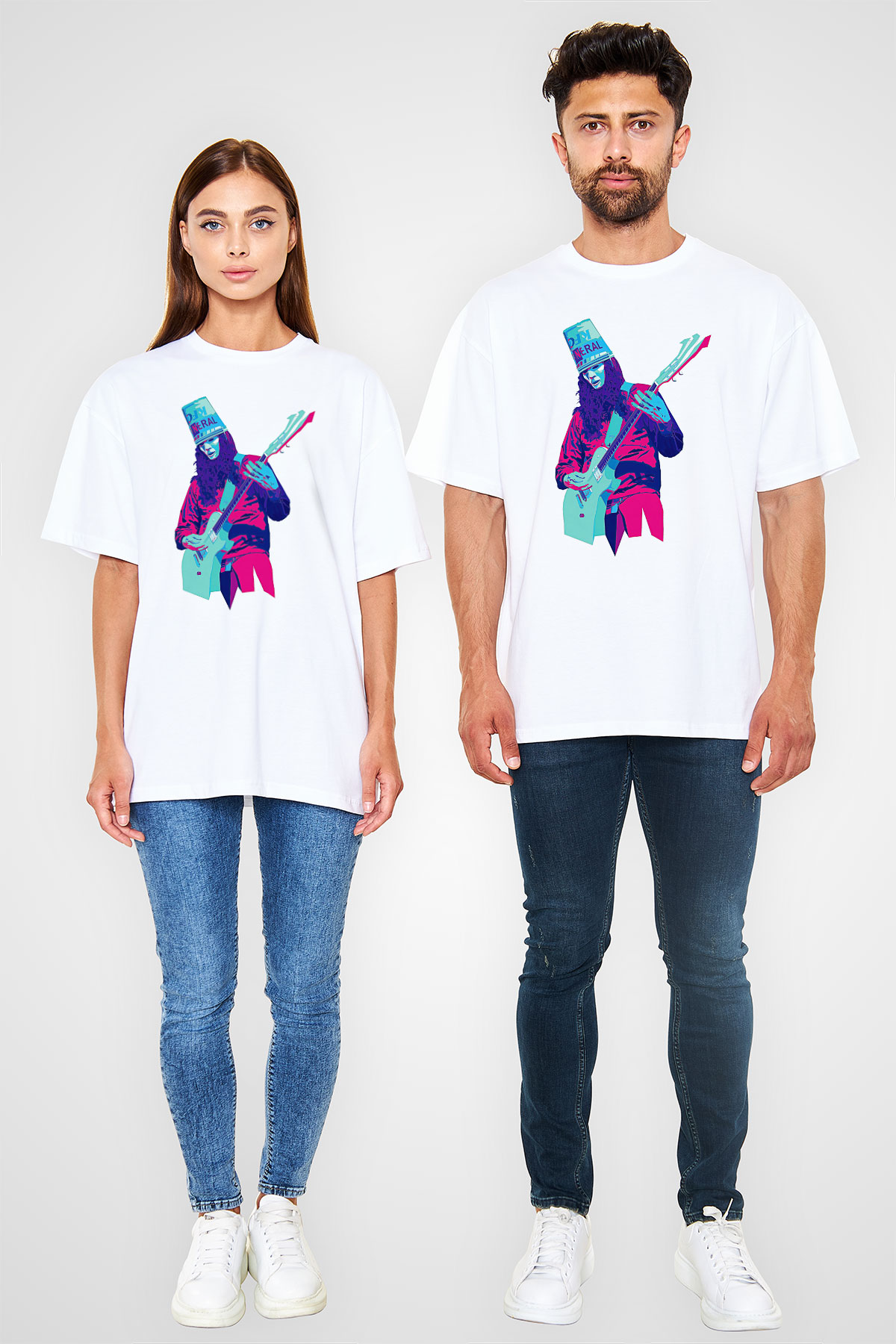 Buckethead Baskılı Beyaz Unisex Oversize Tişört - Tshirt