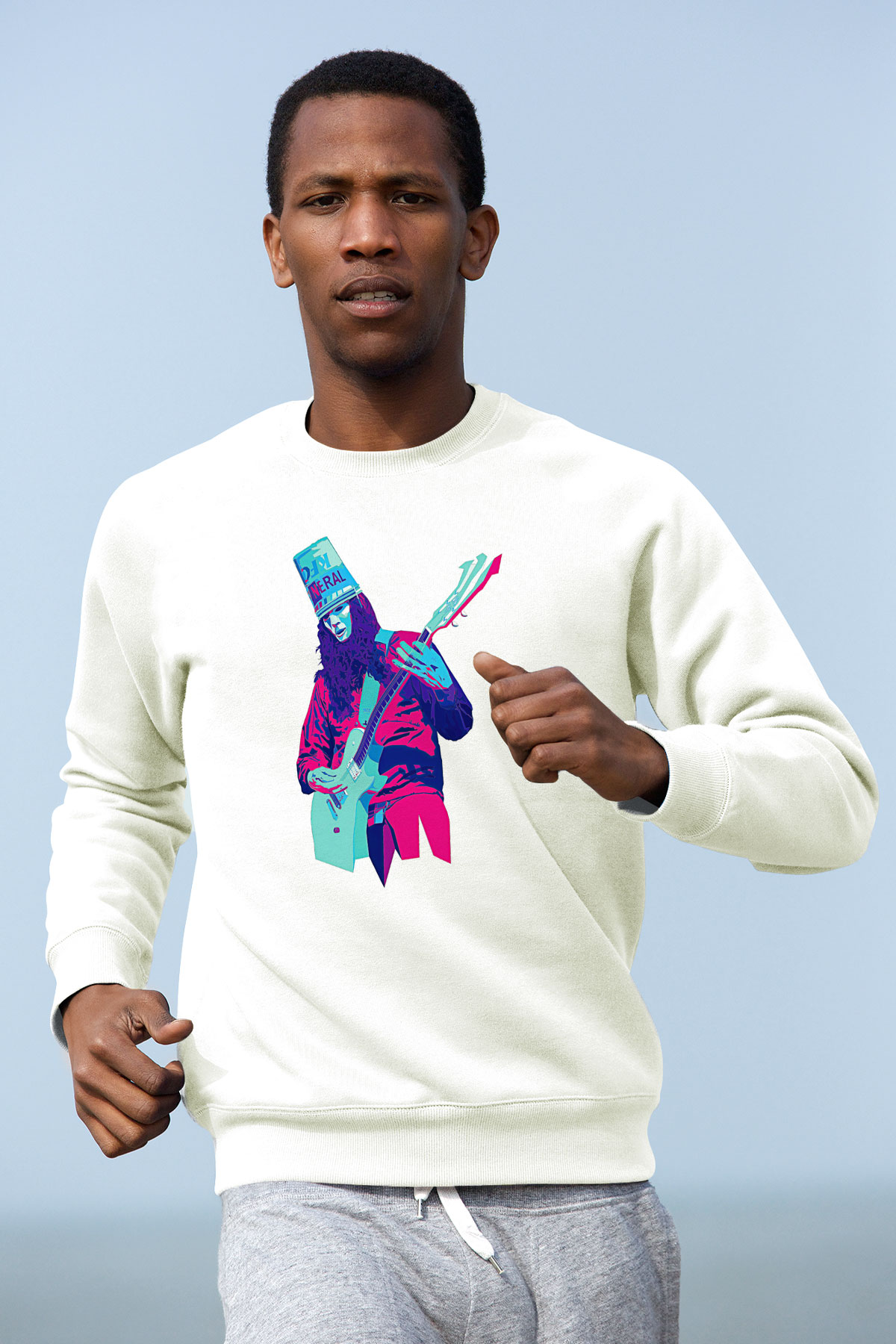 Buckethead Baskılı Beyaz Unisex Sweatshirt
