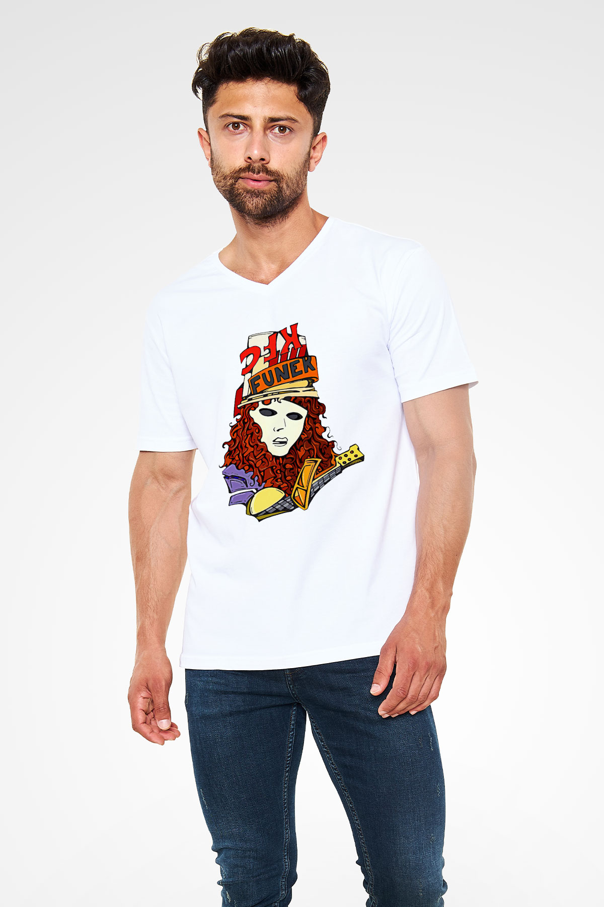 Buckethead Baskılı Beyaz Unisex V Yaka Tişört - Tshirt