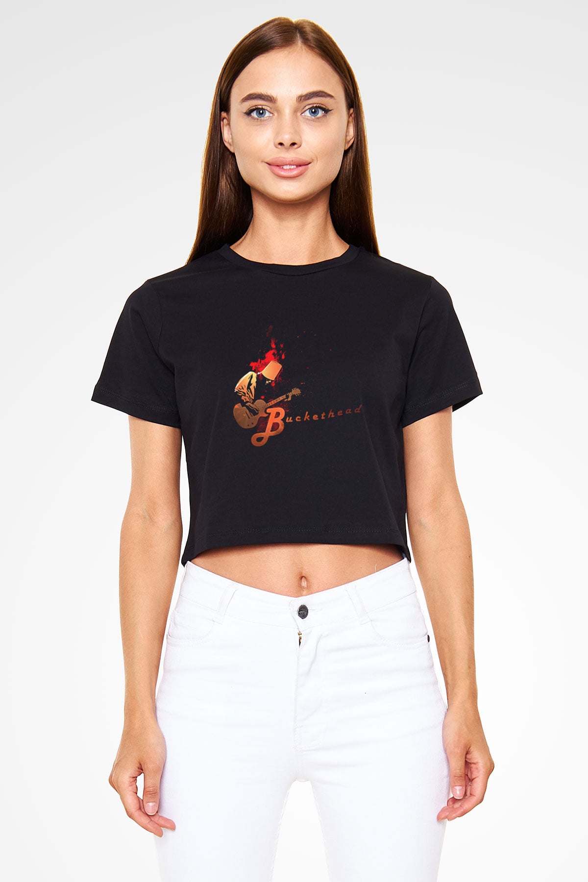 Buckethead Baskılı Siyah Crop Top Kadın Tişört - Tshirt