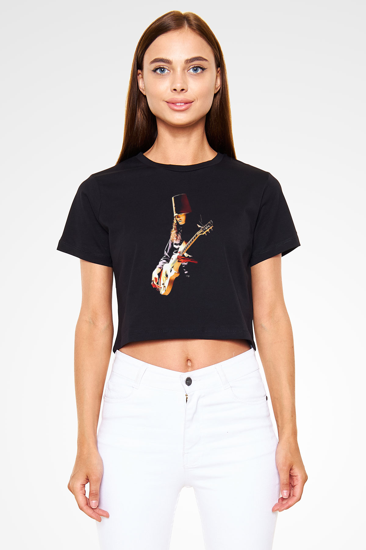 Buckethead Baskılı Siyah Crop Top Kadın Tişört - Tshirt