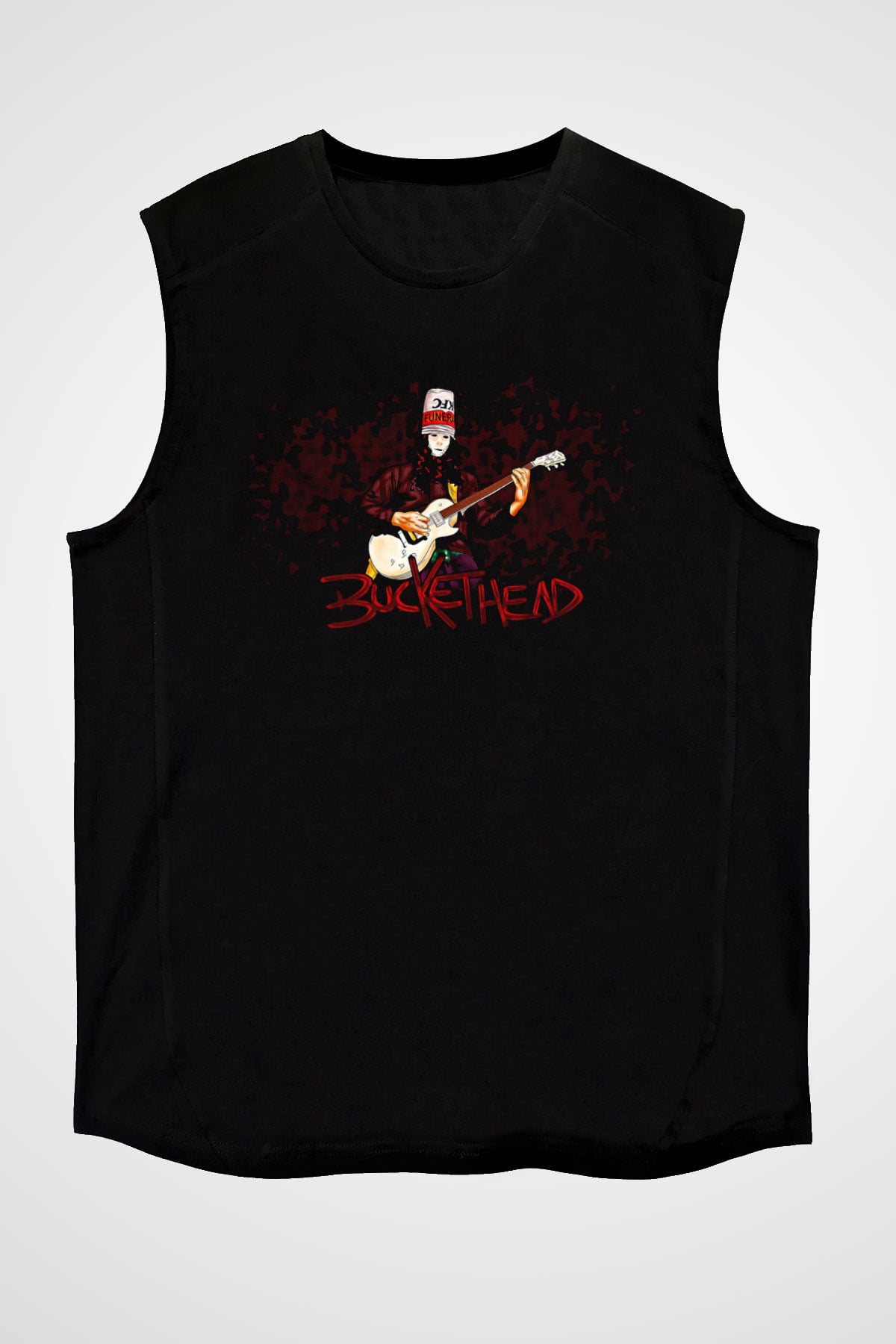 Buckethead Baskılı Unisex Siyah Kolsuz Tişört - Tshirt