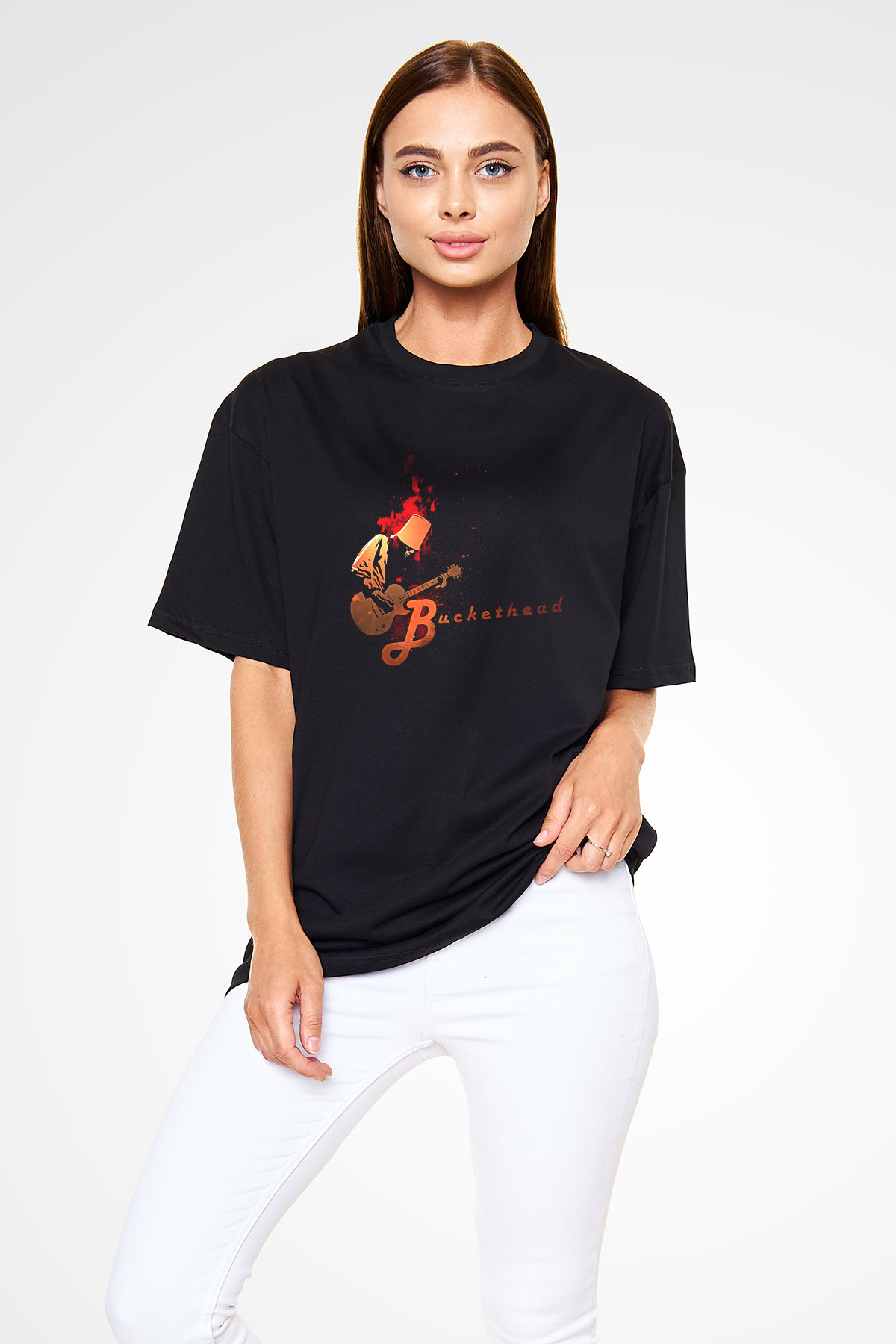 Buckethead Baskılı Unisex Siyah Oversize Tişört - Tshirt