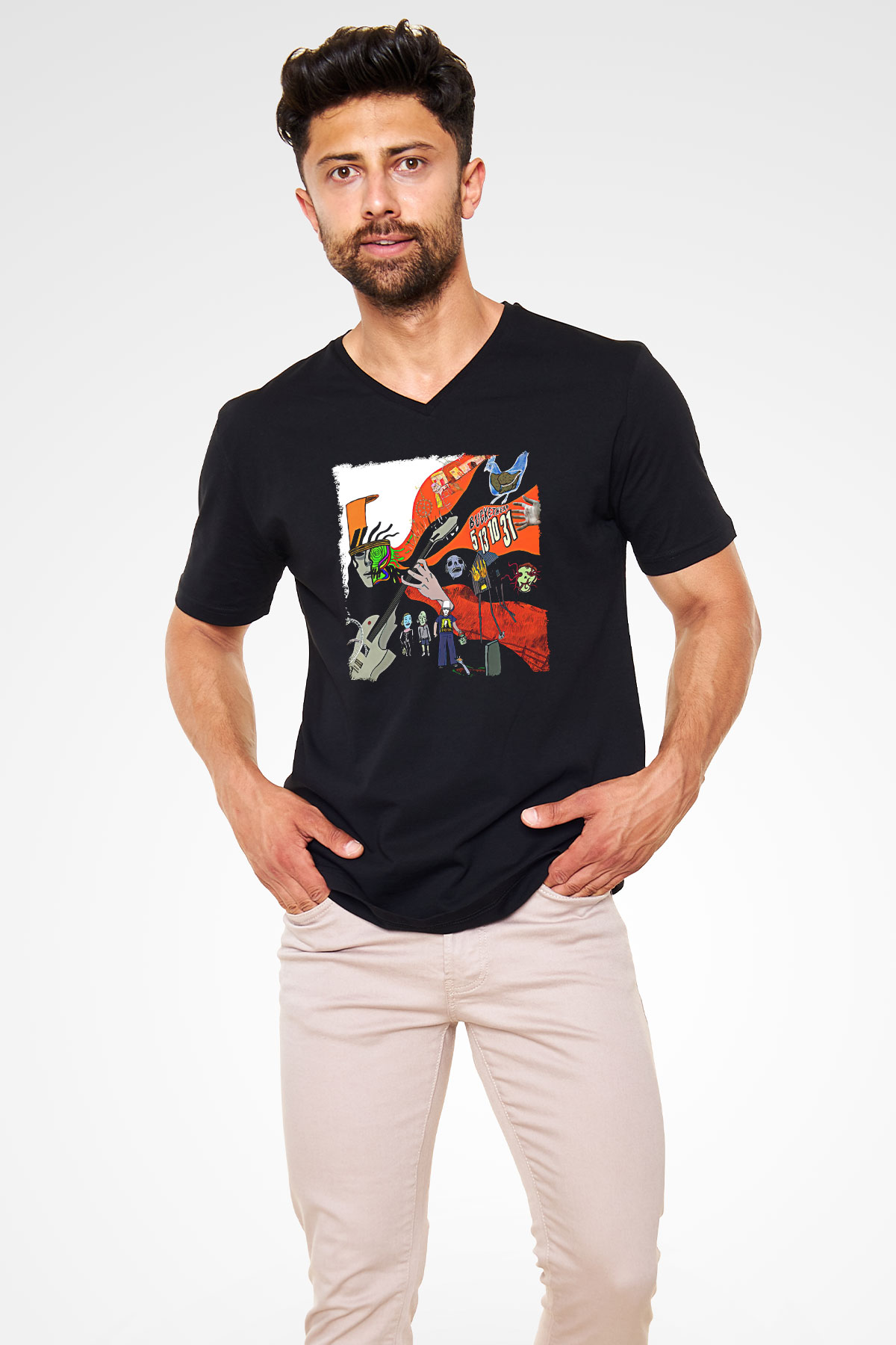 Buckethead Baskılı Unisex Siyah V Yaka Tişört - Tshirt