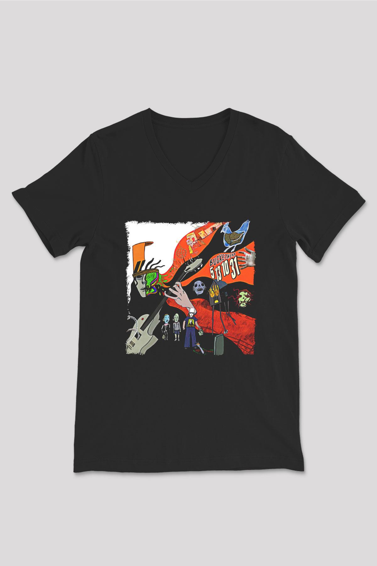Buckethead Baskılı Unisex Siyah V Yaka Tişört - Tshirt