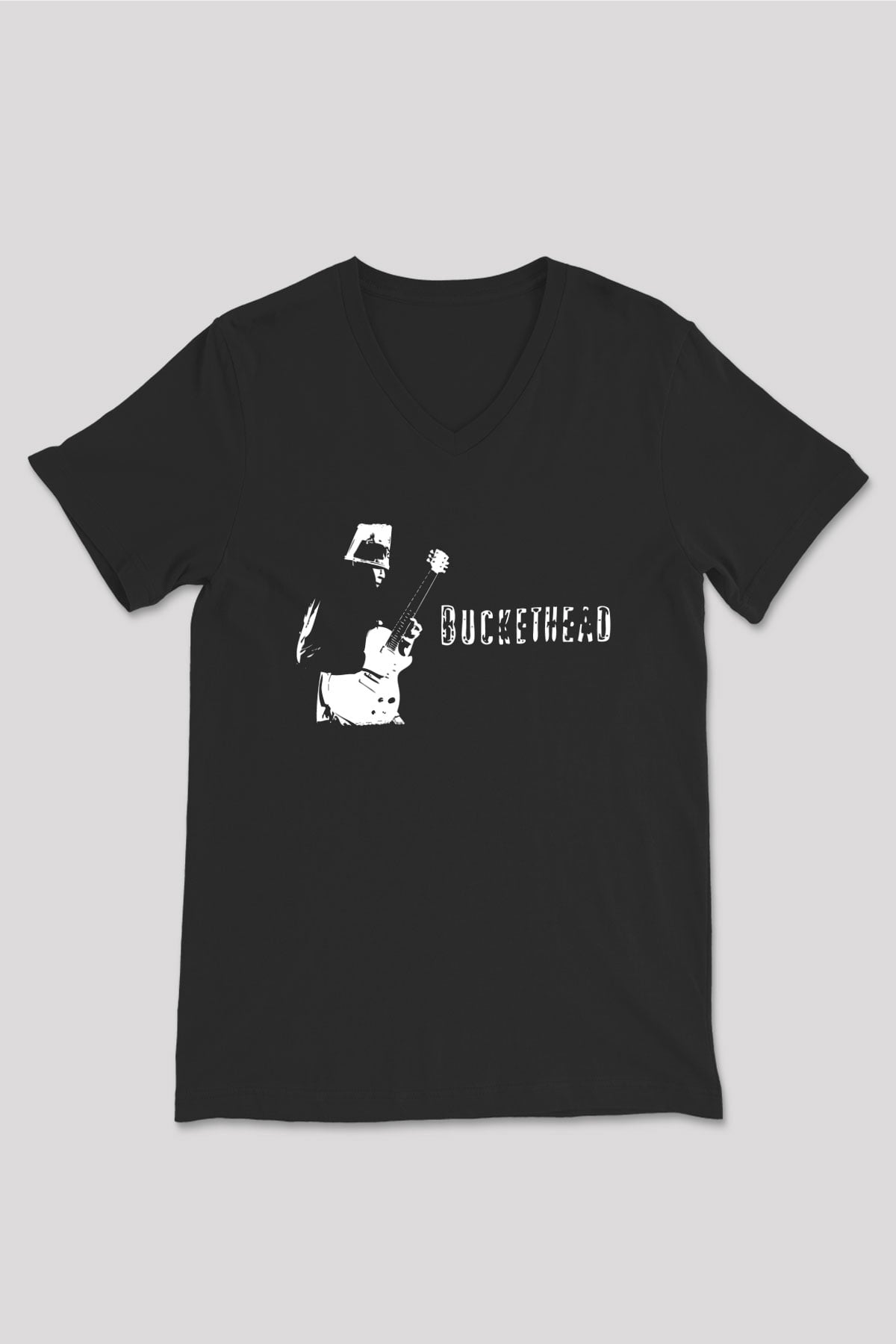 Buckethead Baskılı Unisex Siyah V Yaka Tişört - Tshirt