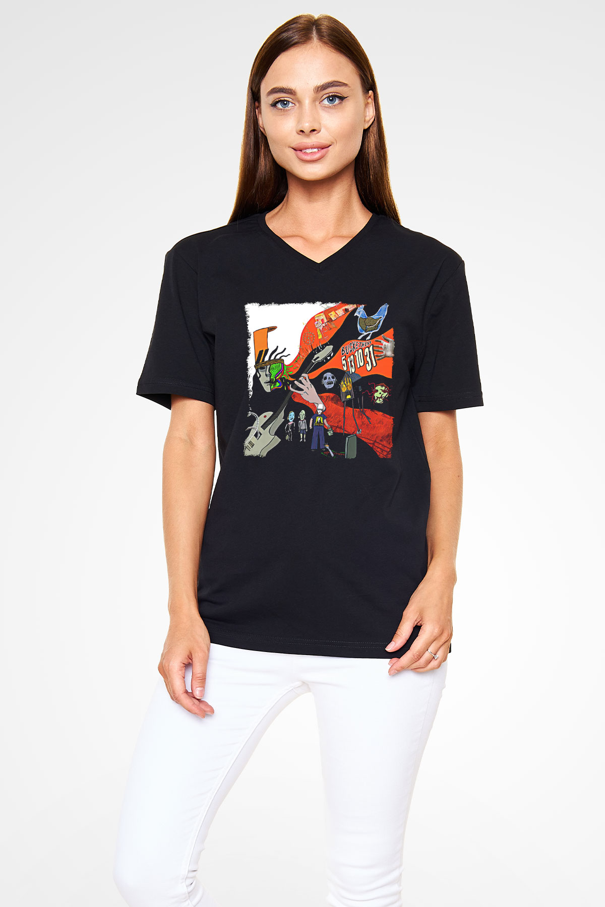 Buckethead Baskılı Unisex Siyah V Yaka Tişört - Tshirt
