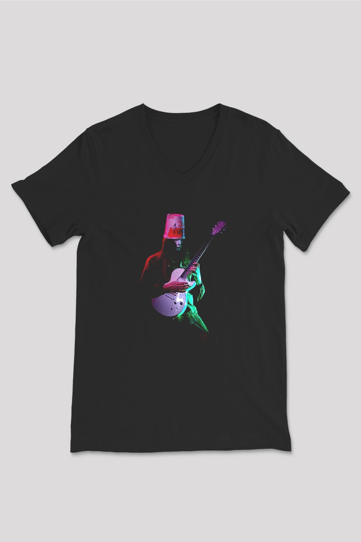 Buckethead Baskılı Unisex Siyah V Yaka Tişört - Tshirt