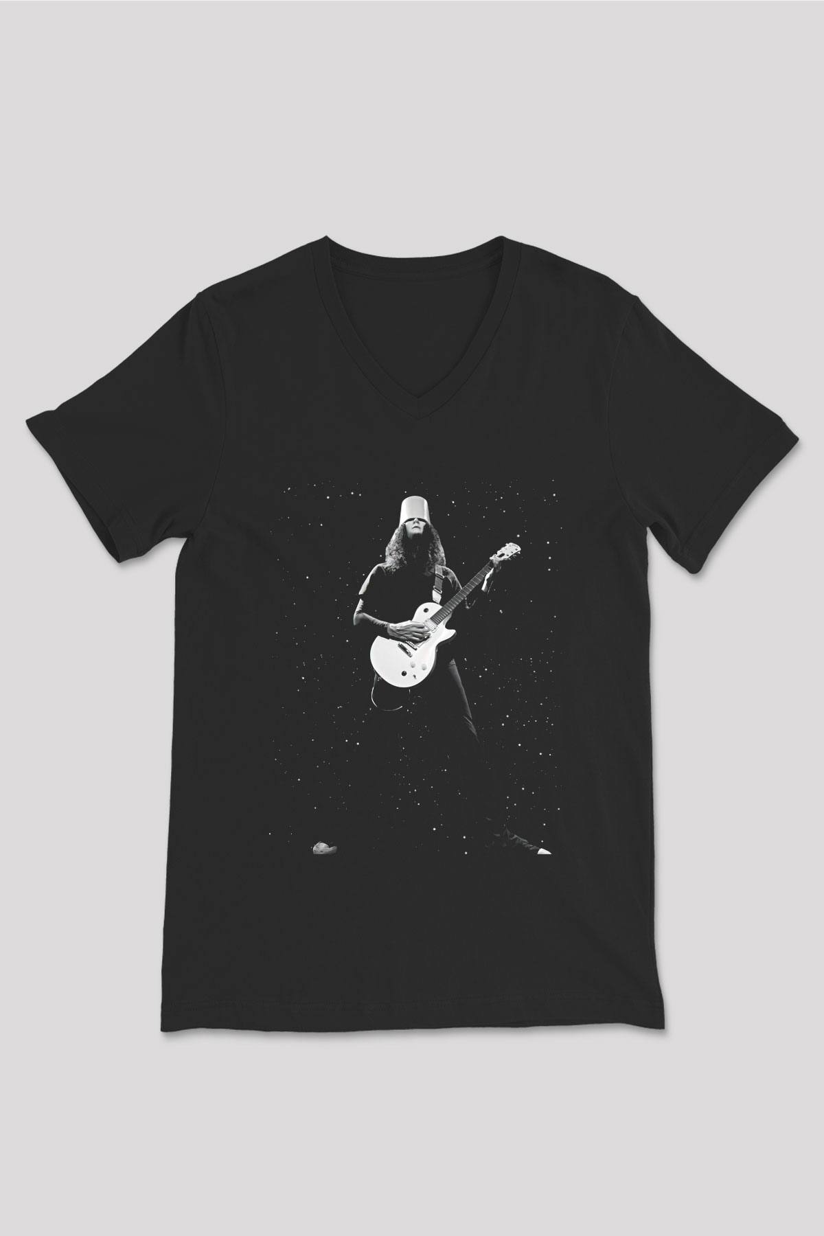 Buckethead Baskılı Unisex Siyah V Yaka Tişört - Tshirt