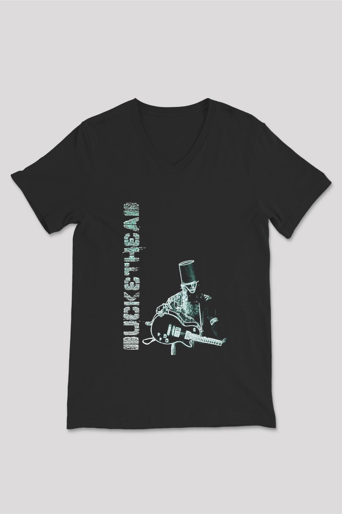 Buckethead Baskılı Unisex Siyah V Yaka Tişört - Tshirt