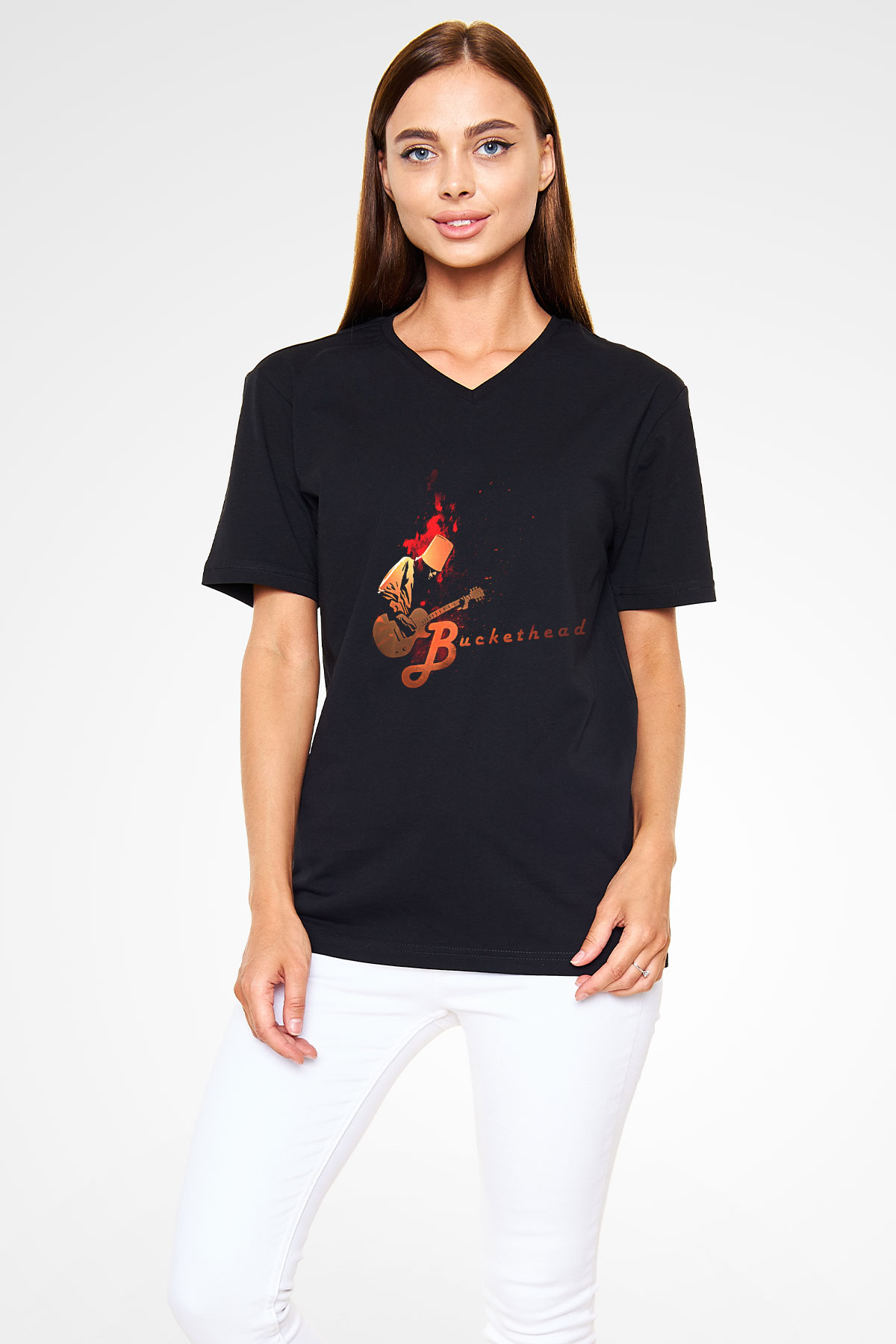 Buckethead Baskılı Unisex Siyah V Yaka Tişört - Tshirt
