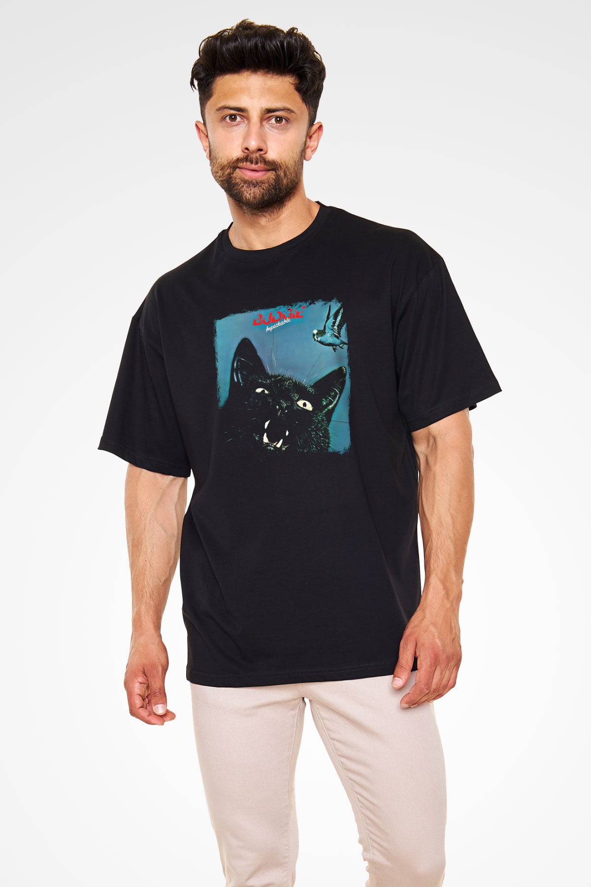 Budgie Baskılı Unisex Siyah Oversize Tişört