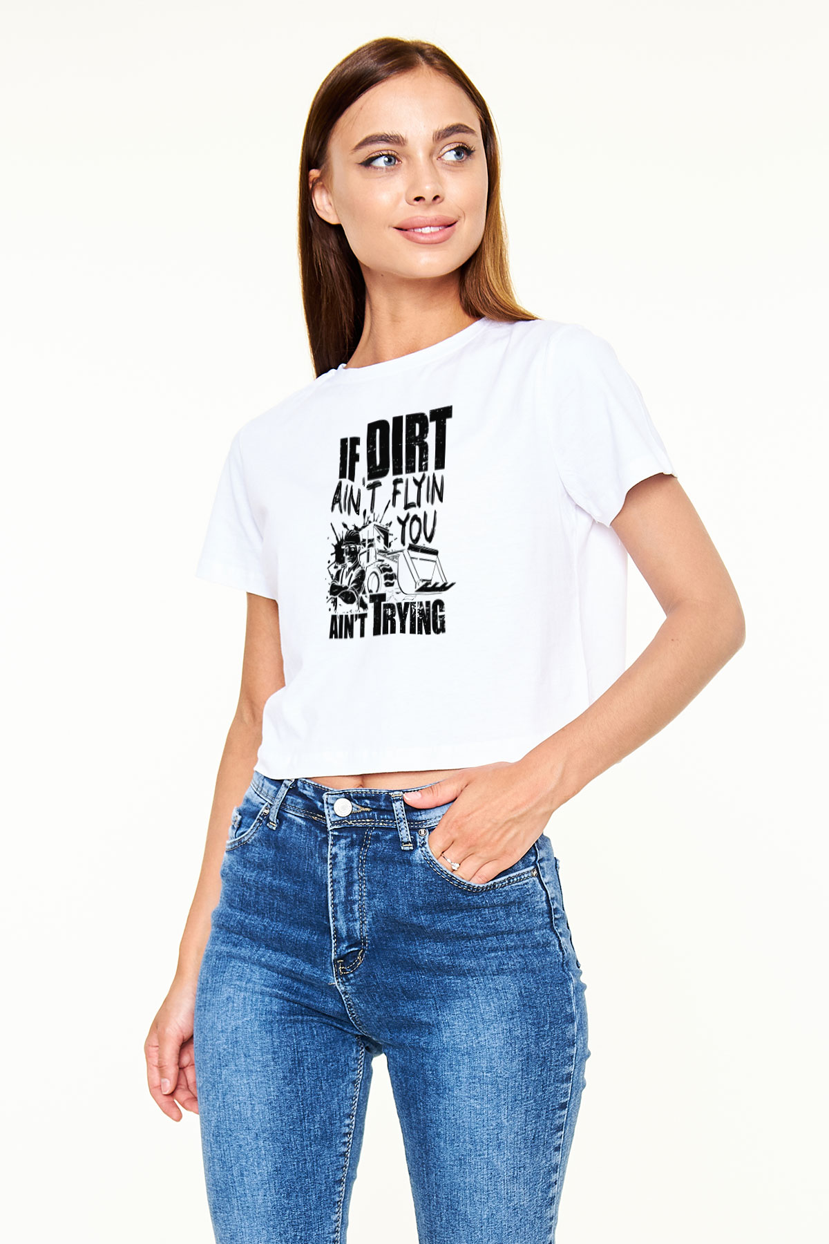 Buldozer operatörü Beyaz  Crop Top Tişört