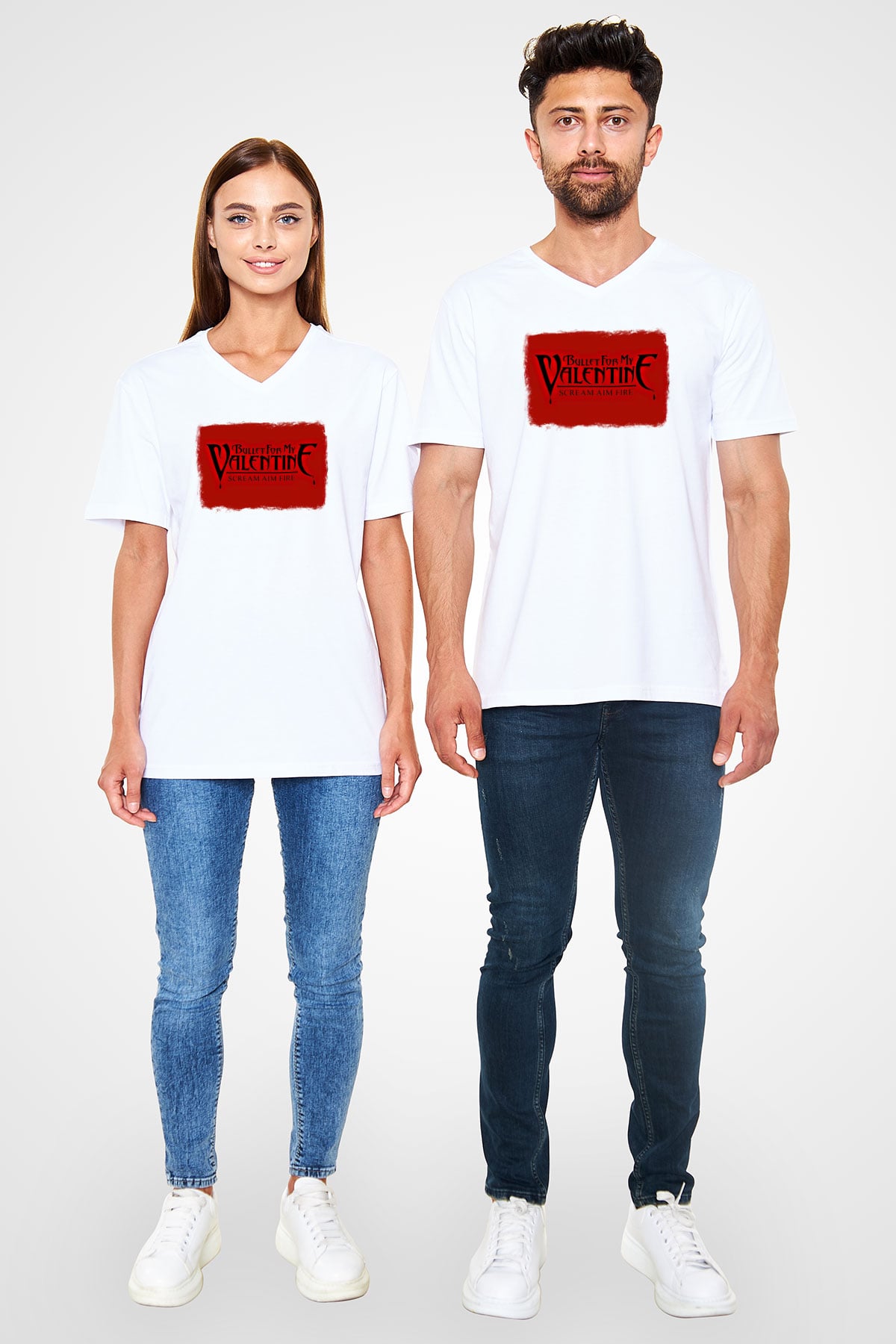 Bullet for My Valentine Baskılı Unisex Beyaz V Yaka Tişört