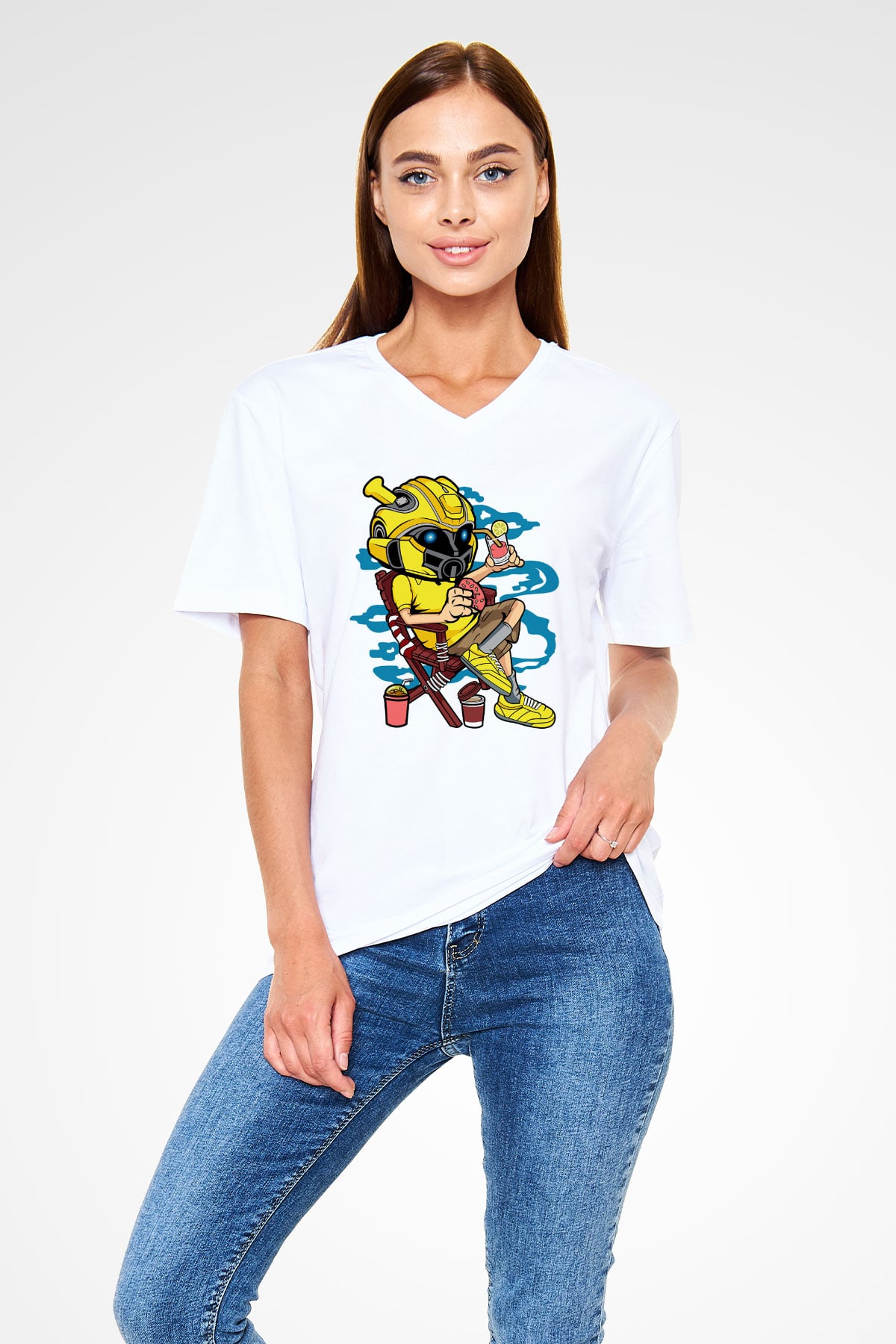 Bumble Bee Holiday Baskılı Unisex Beyaz V Yaka Tişört