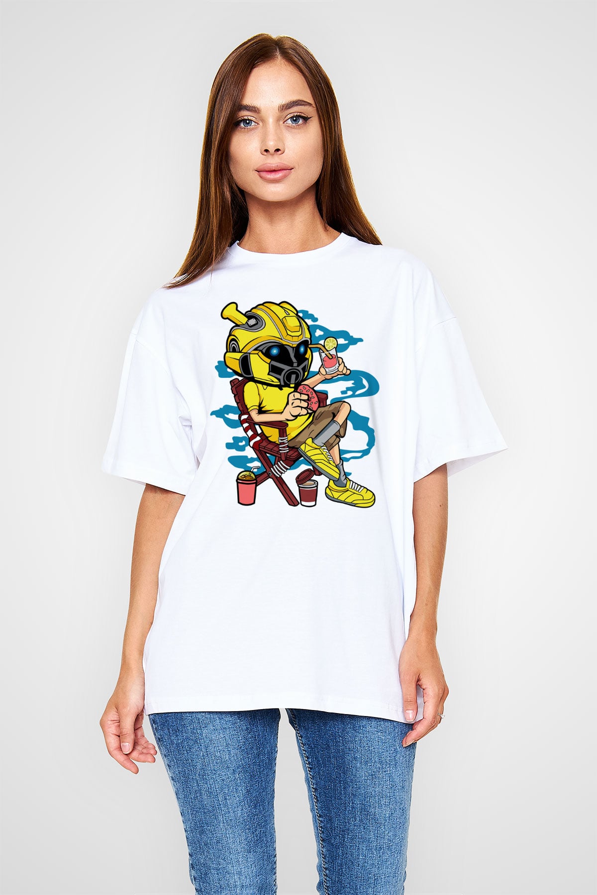 Bumble Bee Holiday Baskılı Unisex Beyaz Oversize Tişört