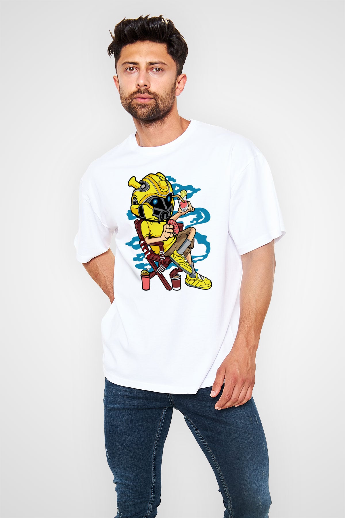 Bumble Bee Holiday Baskılı Unisex Beyaz Oversize Tişört
