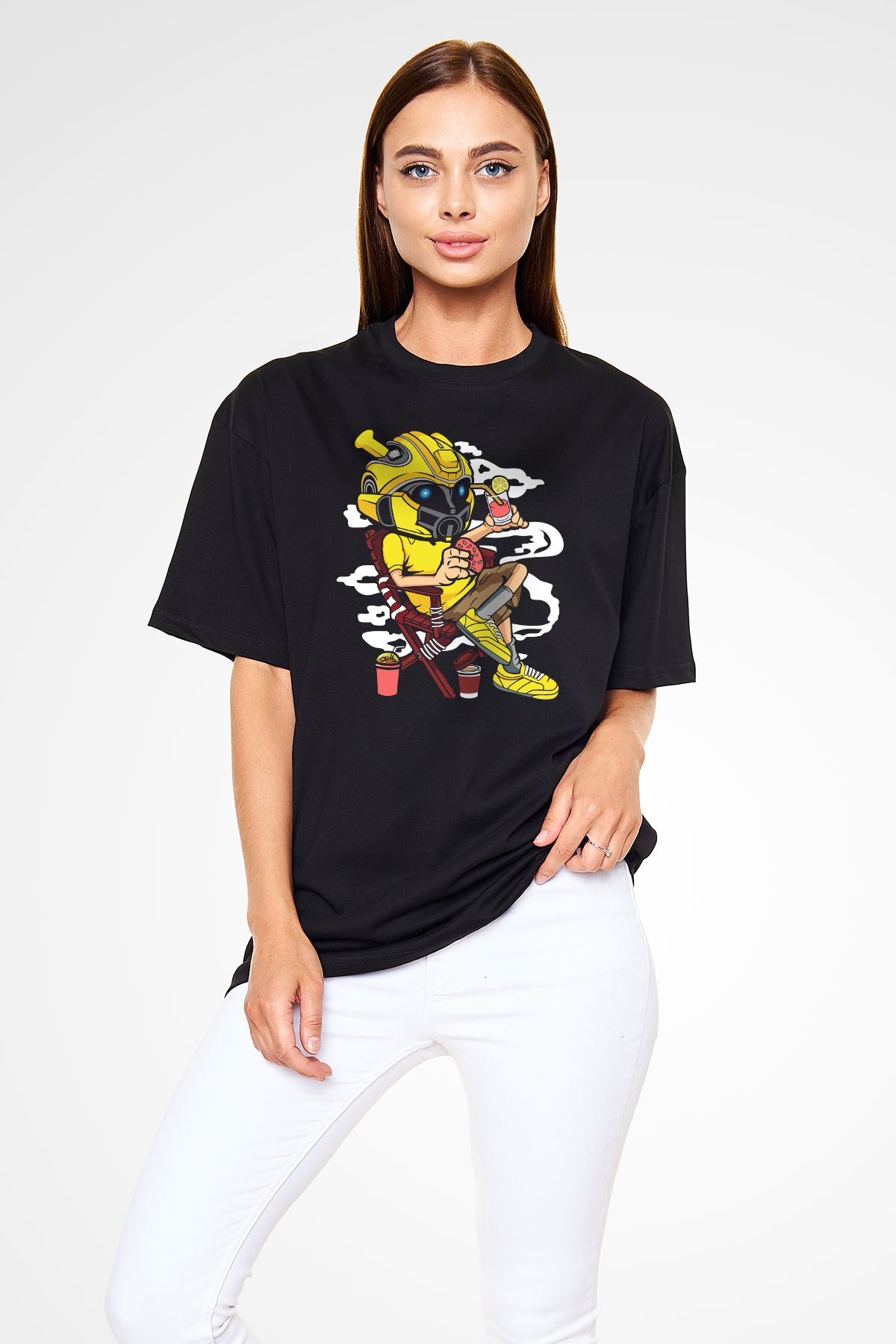 Bumble Bee Holiday Baskılı Unisex Siyah Oversize Tişört