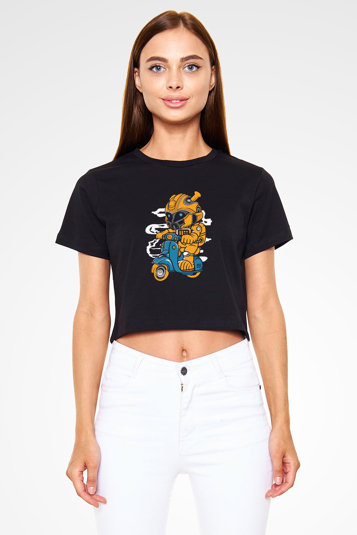 Bumble Bee Scooter Baskılı Siyah Kadın Crop Top Tişört