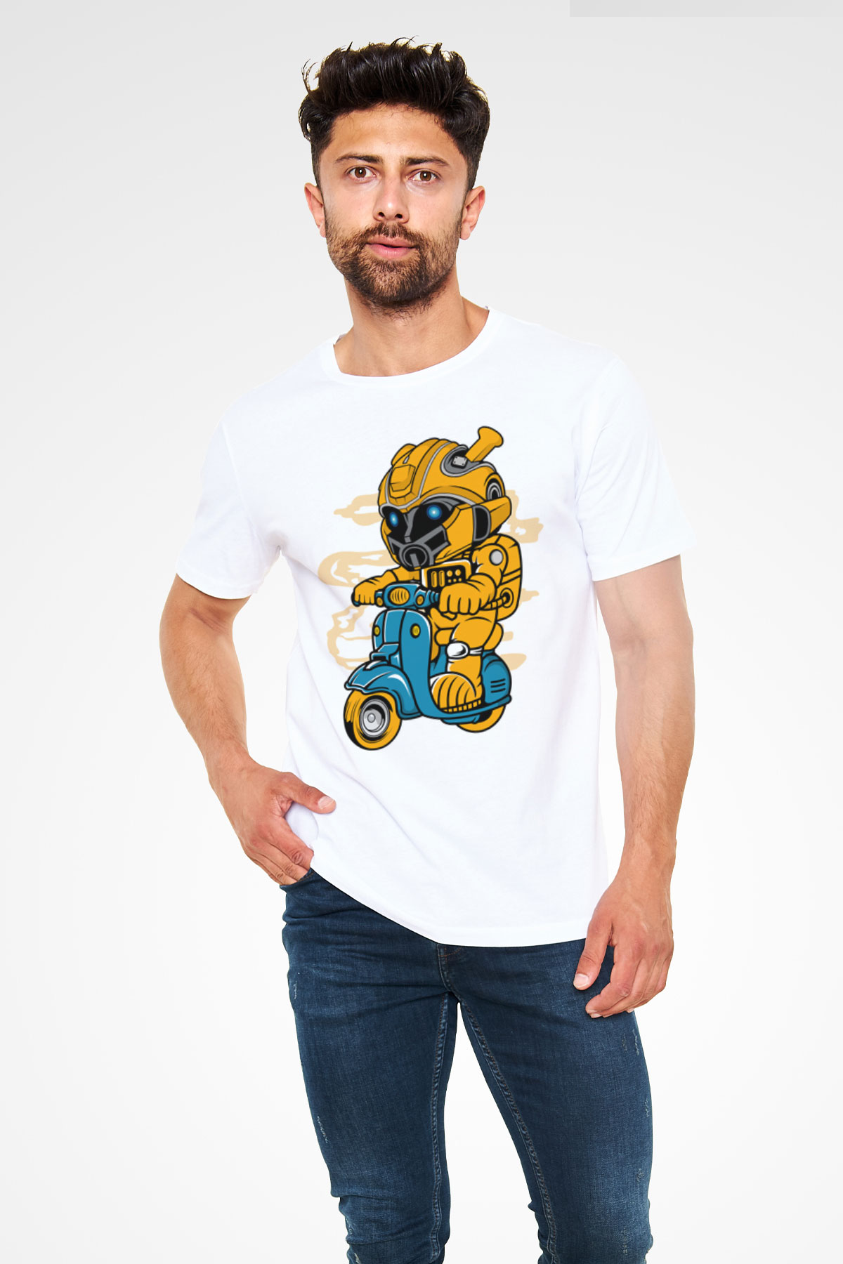 Bumble Bee Scooter Baskılı Unisex Beyaz Tişört