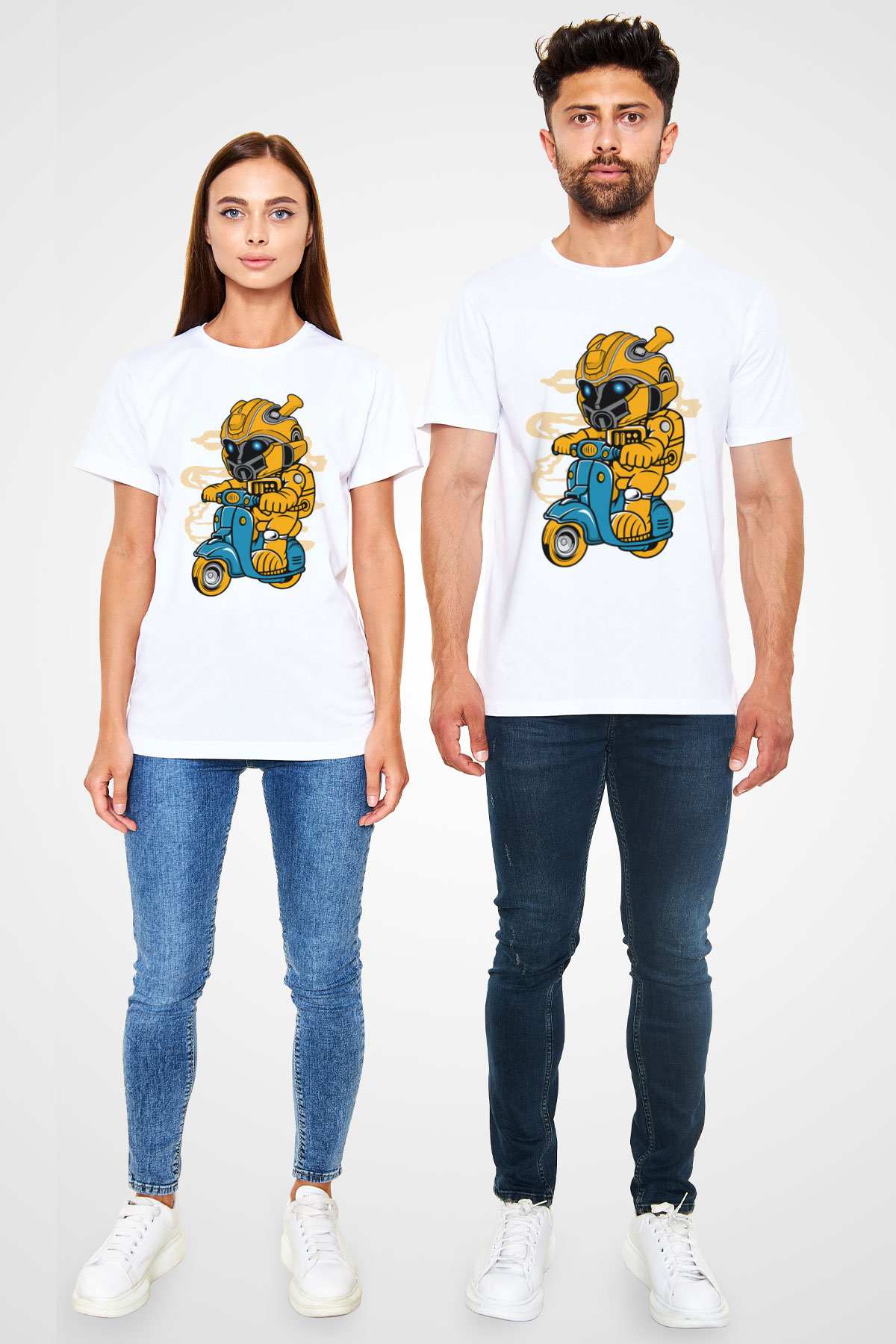 Bumble Bee Scooter Baskılı Unisex Beyaz Tişört