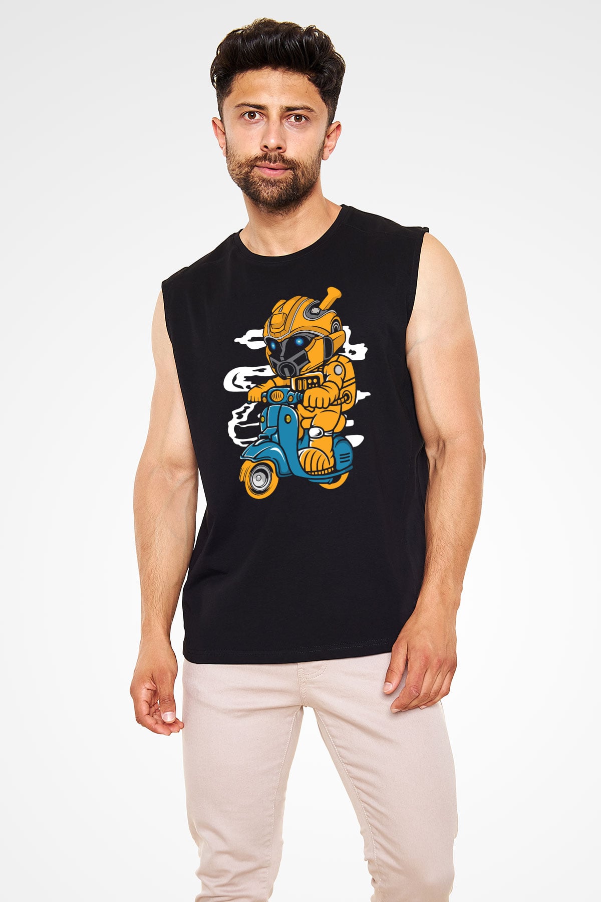 Bumble Bee Scooter Baskılı Unisex Siyah Kolsuz Tişört